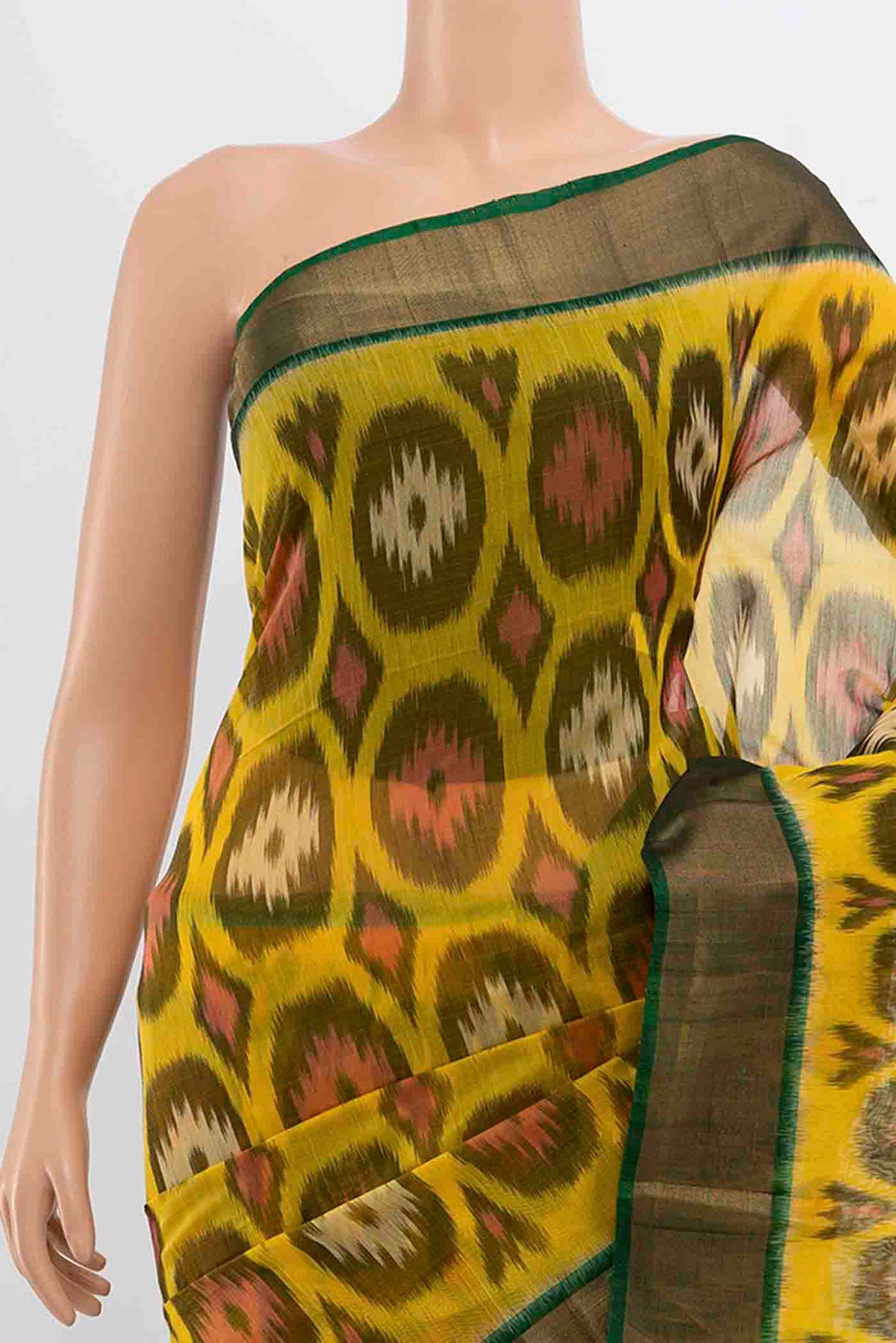 Border image of Yellow Kora Cotton Saree with Ikat Print on the body and Silk Border