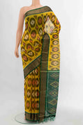 Yellow Kora Cotton Saree with Ikat Print on the body and Silk Border displayed on a mannequin