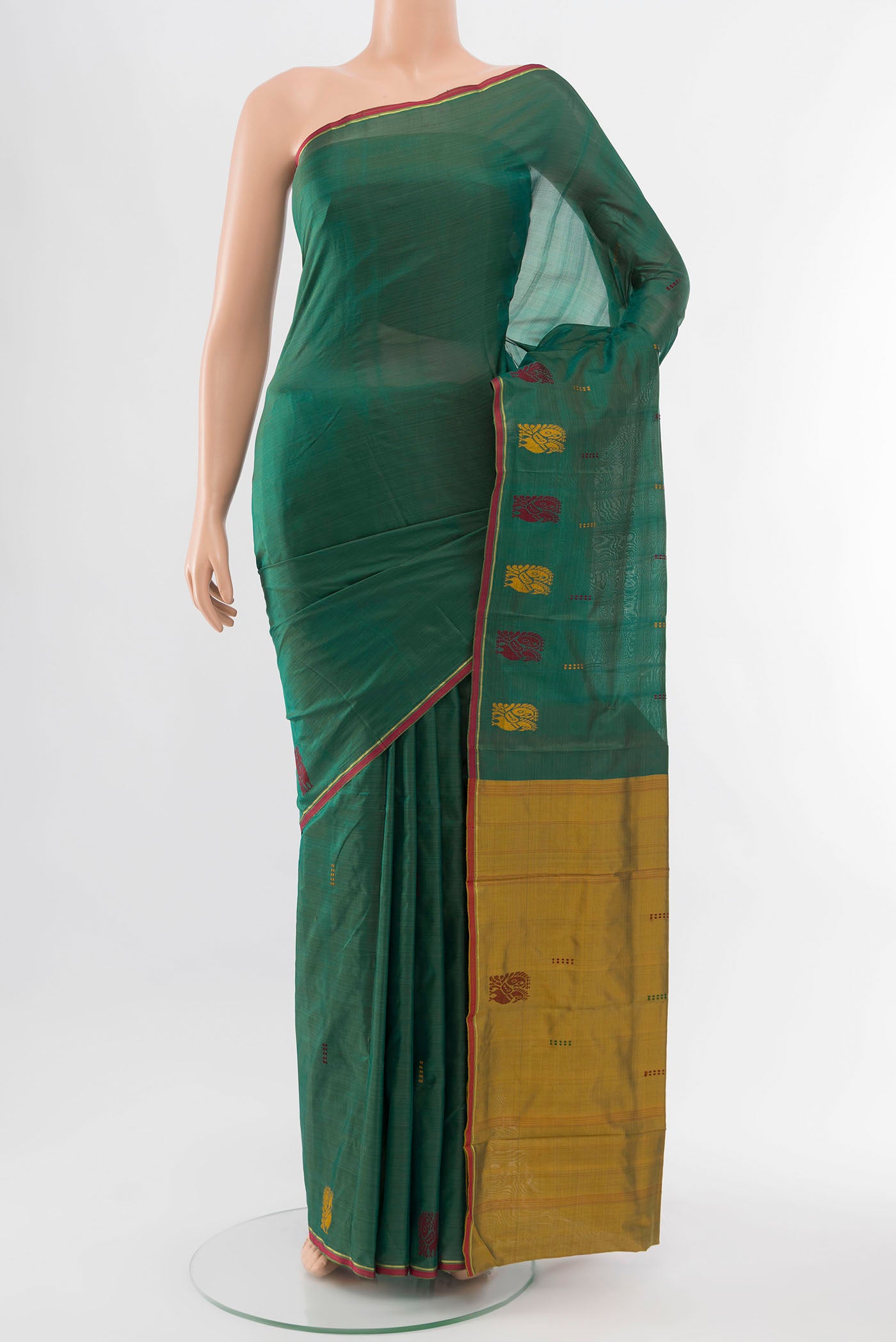 Peacock Blue Kanchipuram Silk Saree with Zari Butta on the body and Silk Border displayed on a mannequin