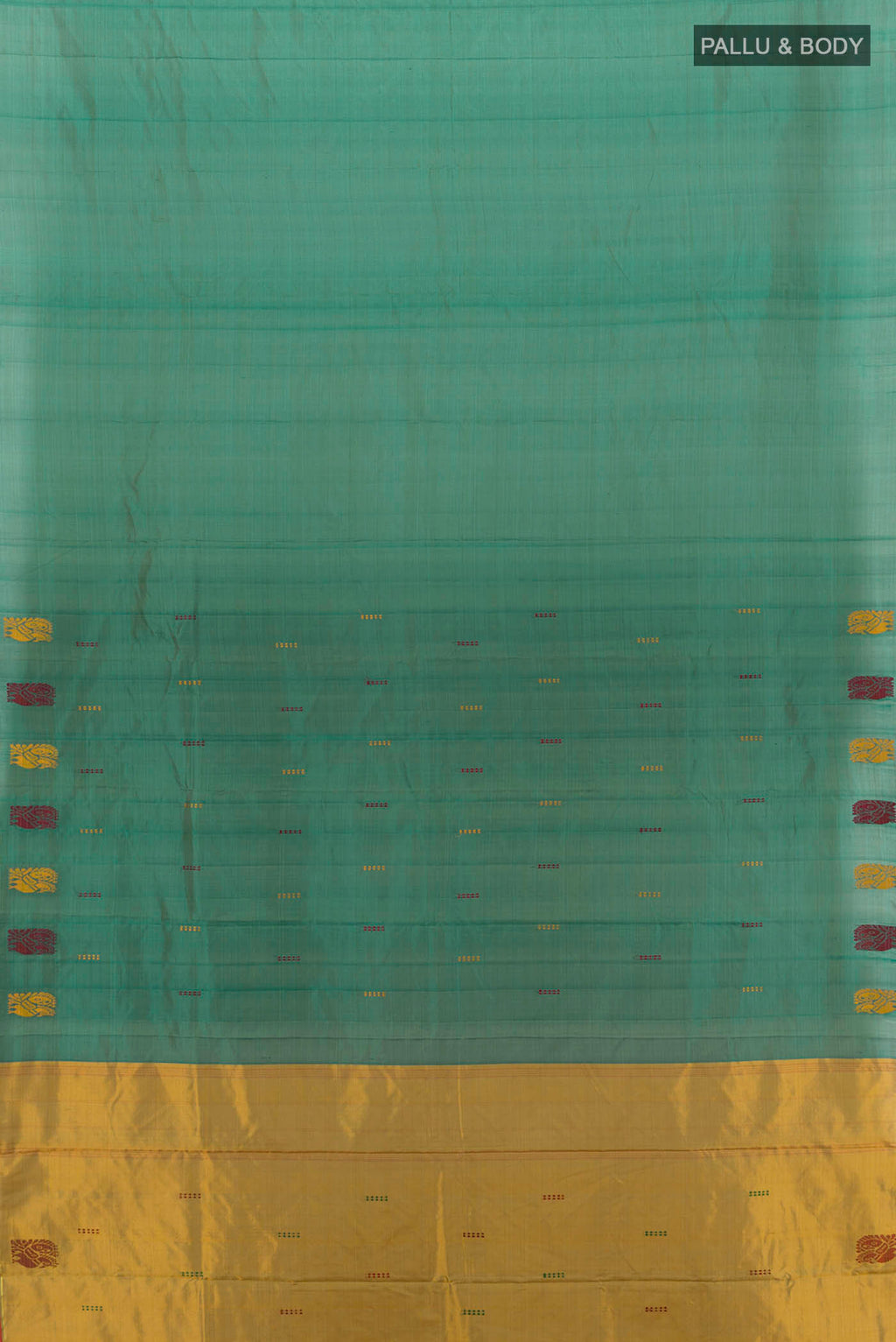 Flat view of Peacock Blue Kanchipuram Silk Saree with Zari Butta on the body and Silk Border