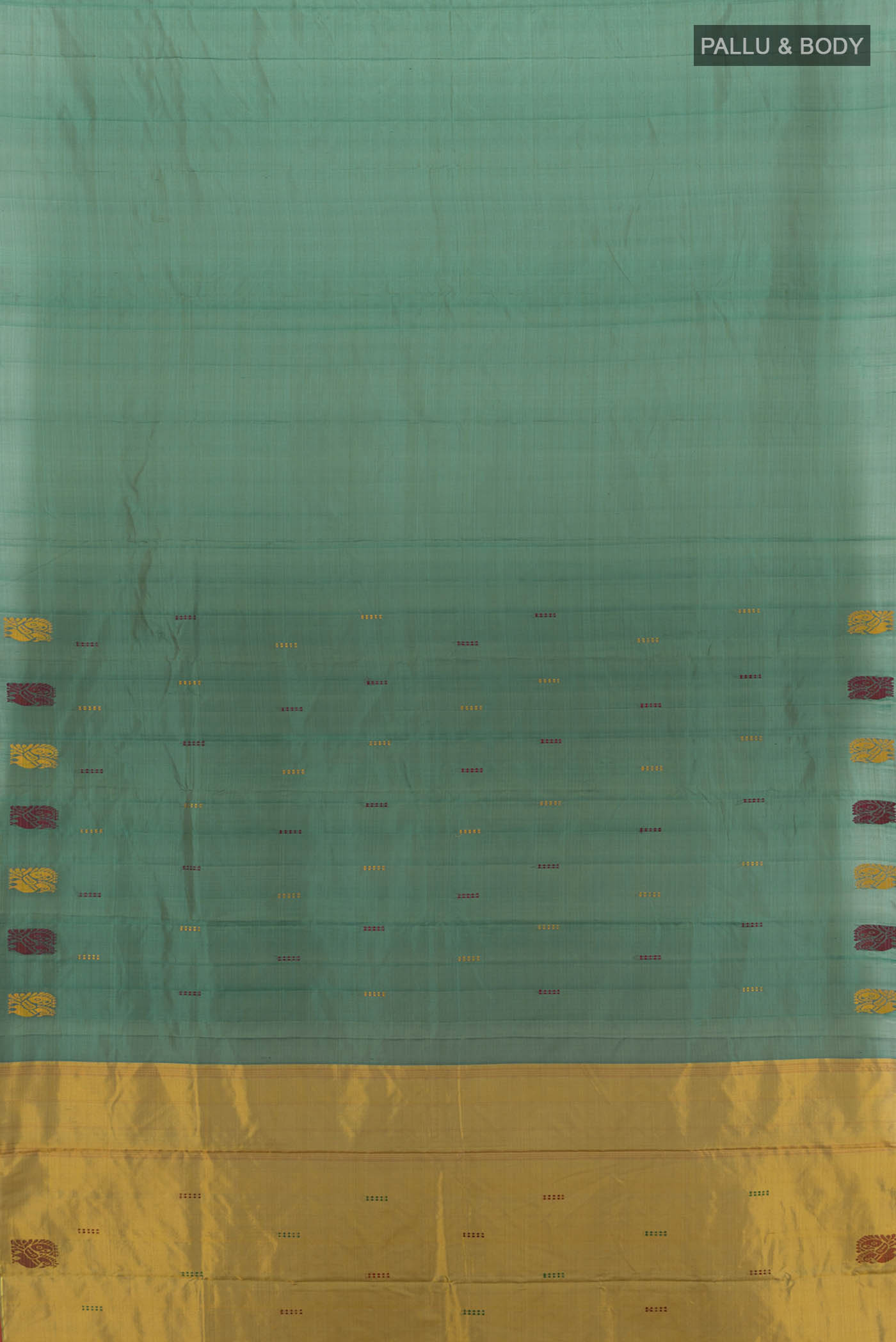 Flat view of Peacock Blue Kanchipuram Silk Saree with Zari Butta on the body and Silk Border