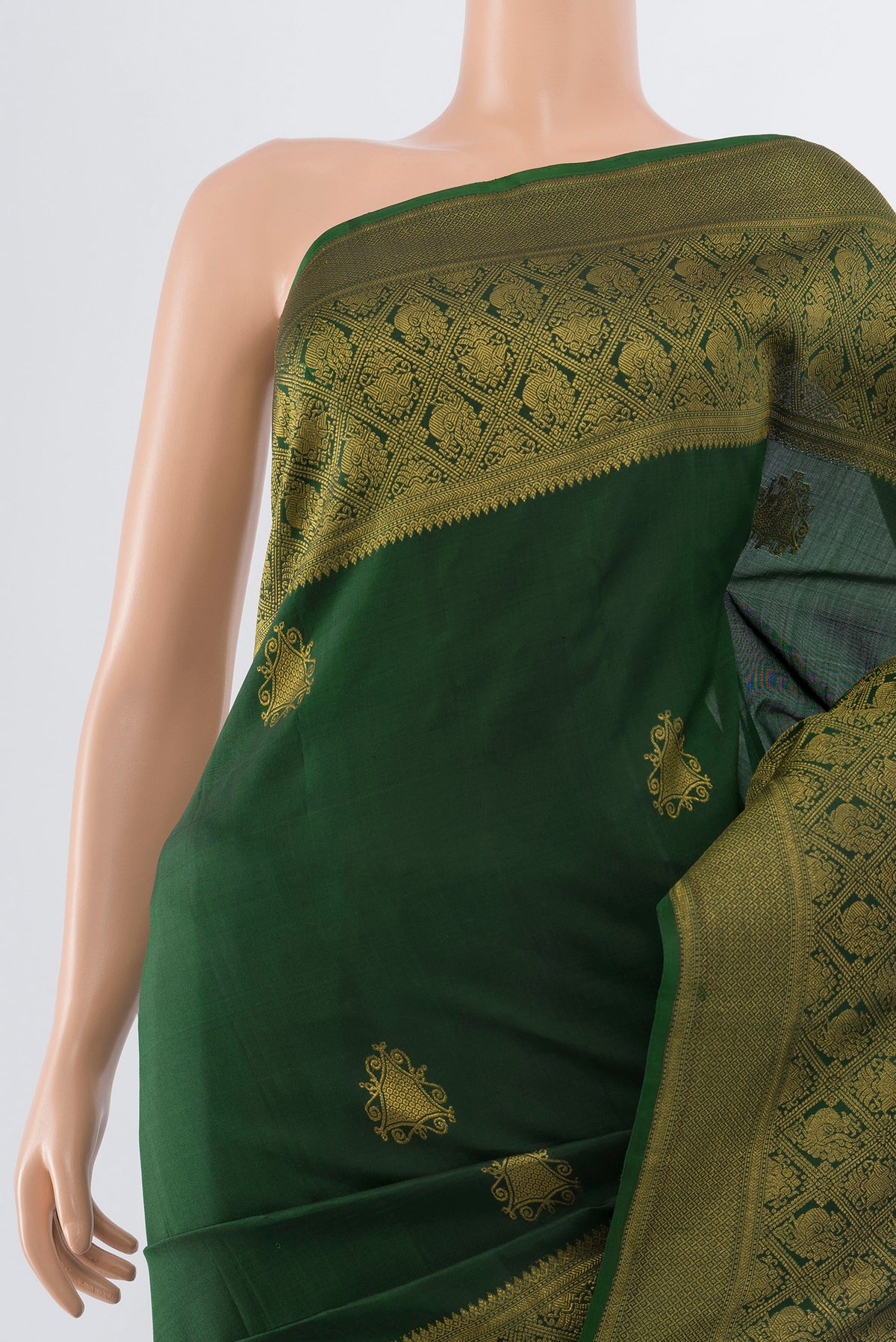 Border image of Pure Silk Pure Zari Bottle Green Kanjivaram Saree with Zari Butta on the body and Silk Border. 