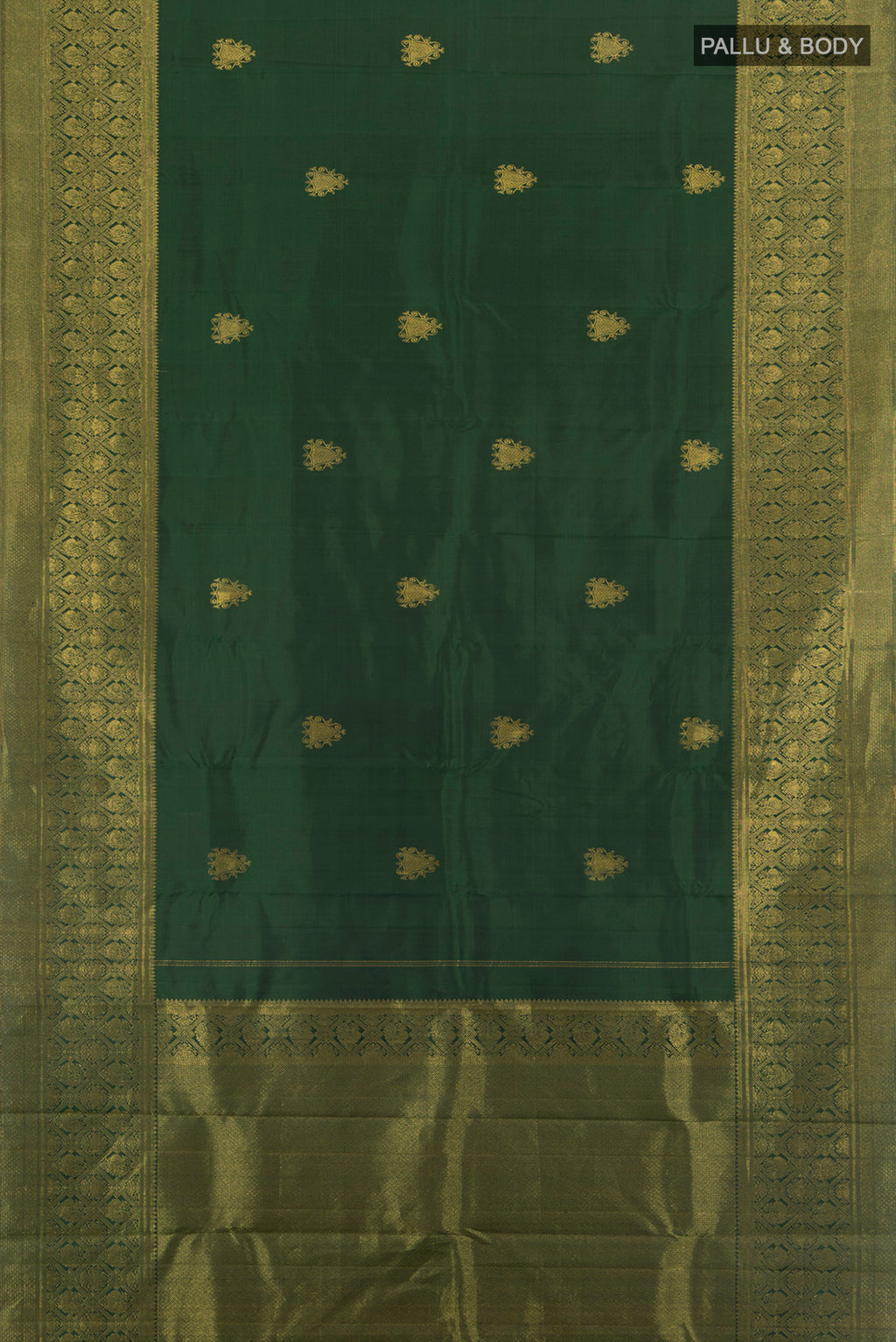 Flat view of Pure Silk Pure Zari Bottle Green Kanjivaram Saree with Zari Butta on the body and Silk Border. 