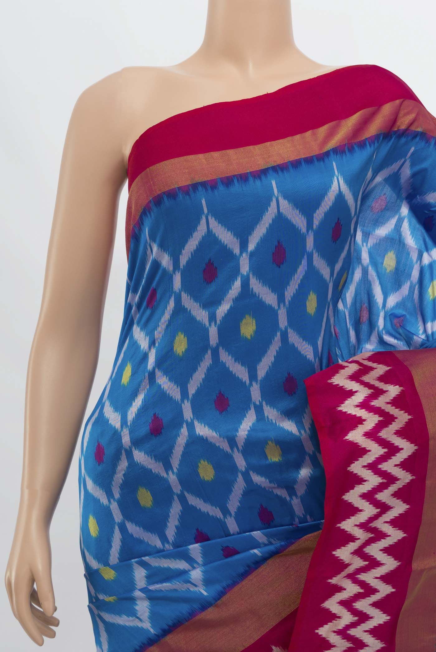 Border image of Dark Blue Pochampally Saree with Ikat Print on the body and Zari Border. 