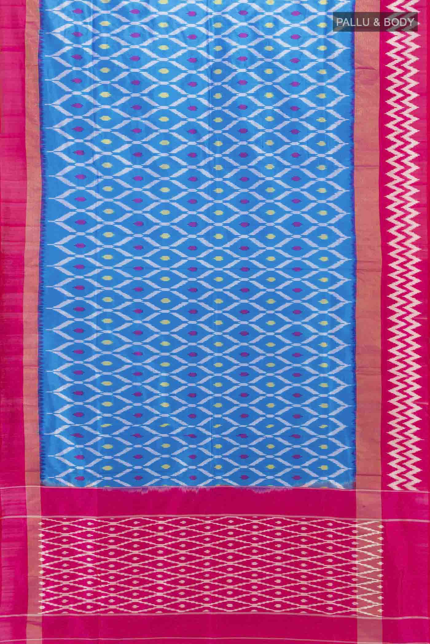Flat view of Dark Blue Pochampally Saree with Ikat Print on the body and Zari Border. 