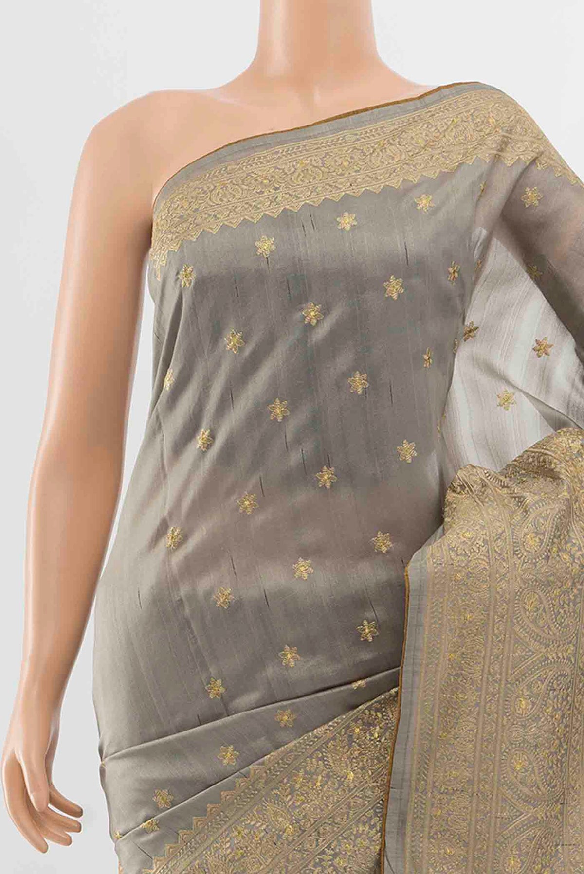Border image of Grey Art Silk Saree with Thread Butta on the body and Silk Border