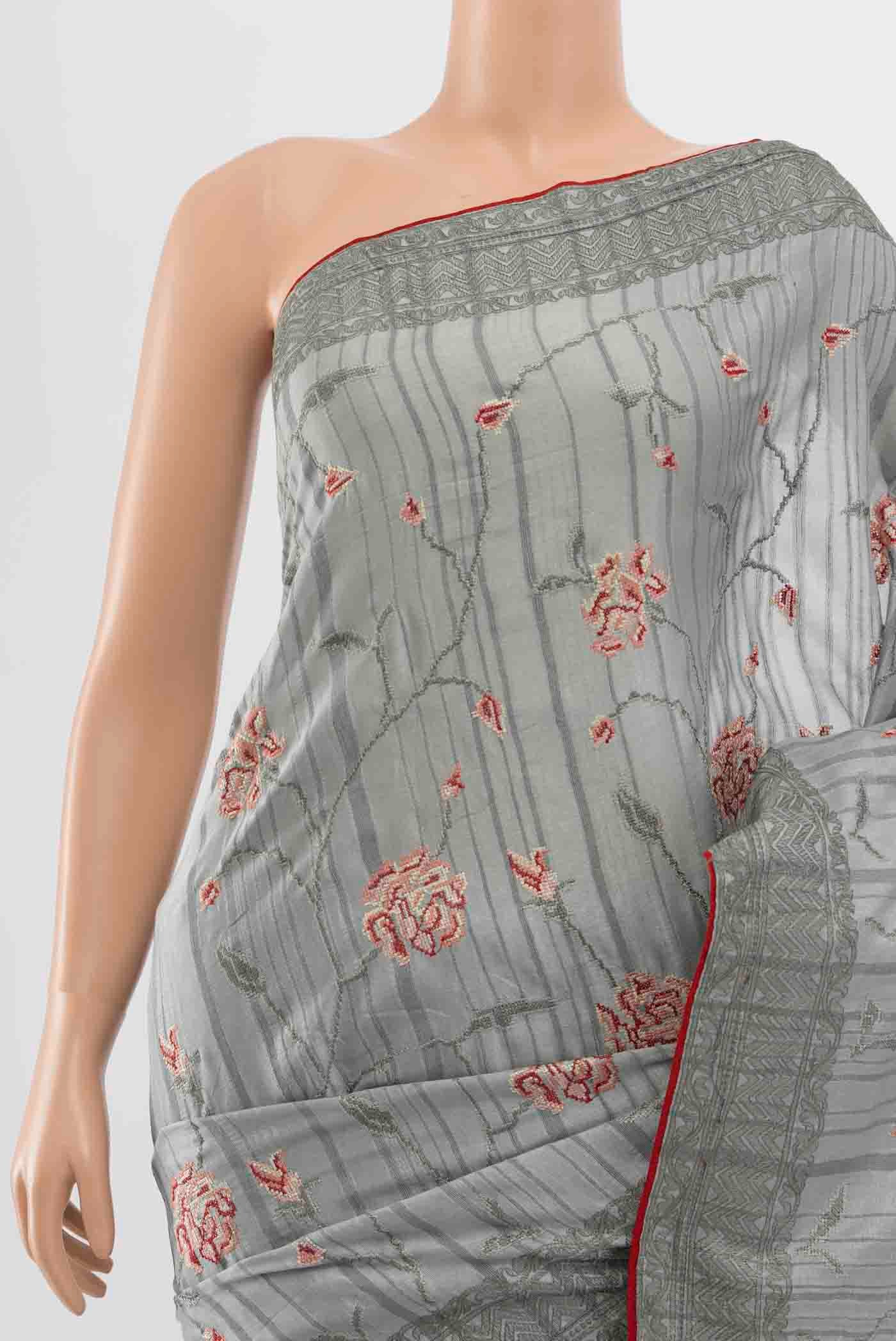 Border image of Grey Art Silk Saree with Embroidery on the body and Silk Border