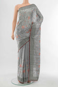 Grey Art Silk Saree with Embroidery on the body and Silk Border displayed on a mannequin