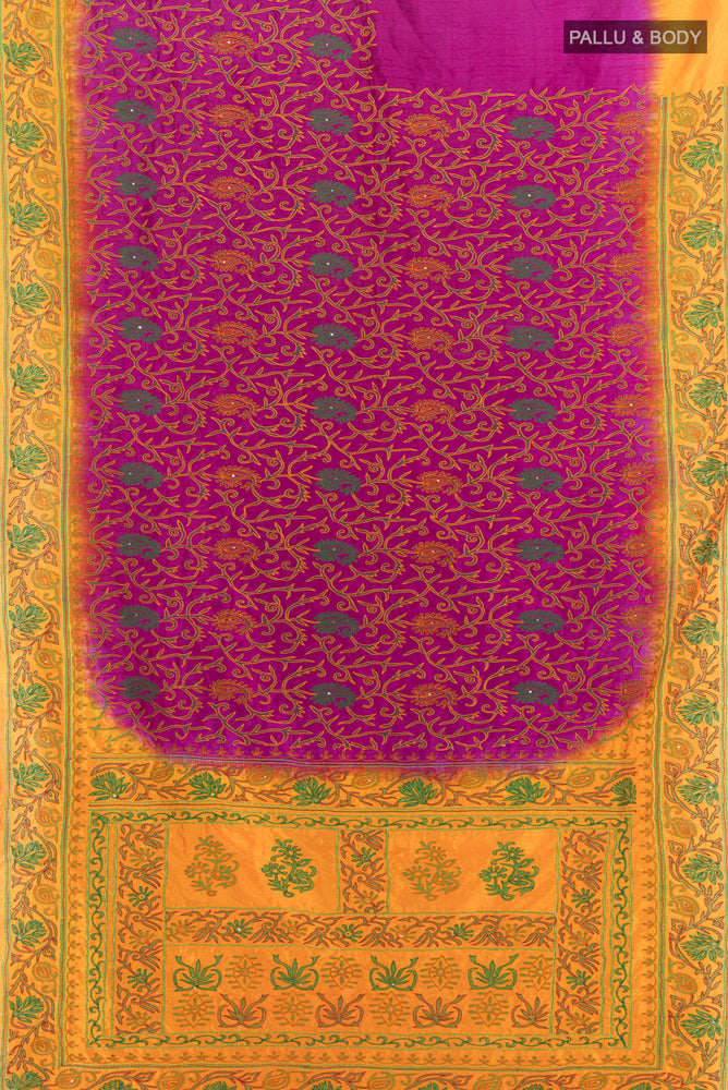 Flat view of Purple Art Silk Saree with Embroidery on the body and Silk Border. 