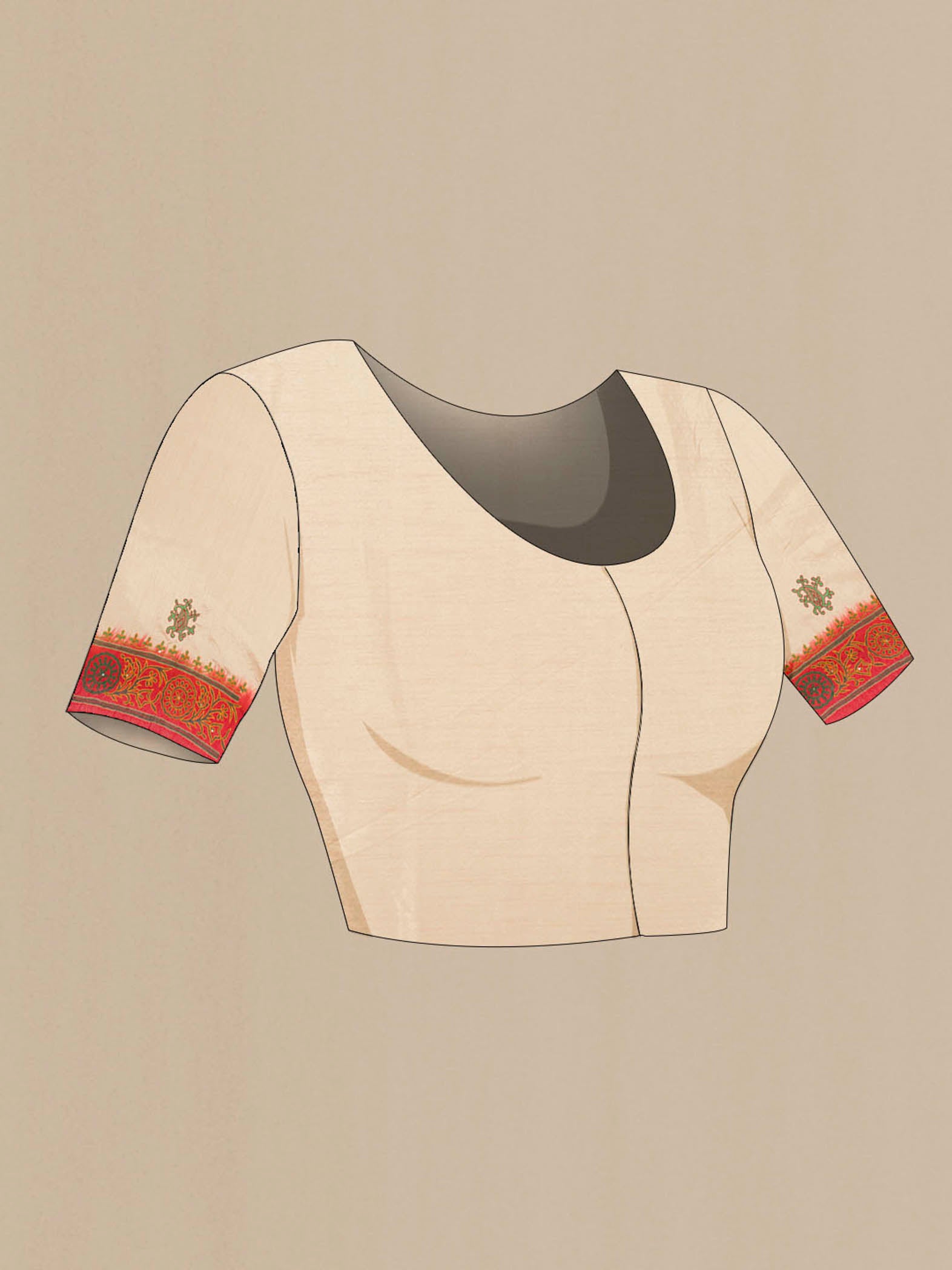 Close up image of the blouse of Beige Blended Raw Silk Saree with Embroidery on the body and Embroidery Border