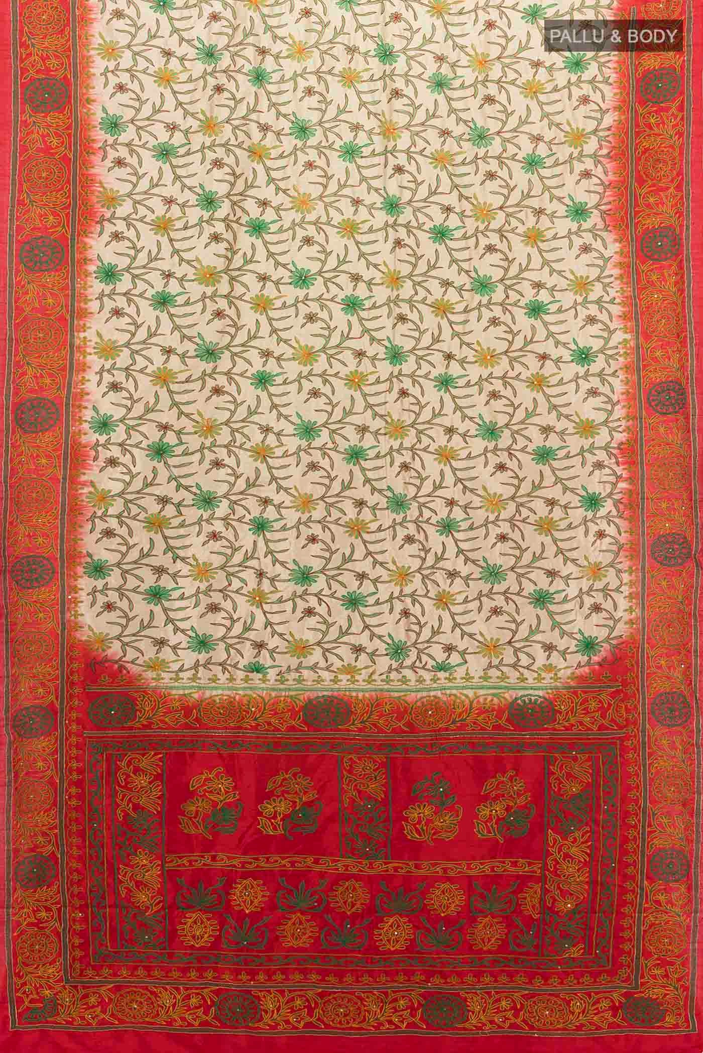 Flat view of Beige Blended Raw Silk Saree with Embroidery on the body and Embroidery Border