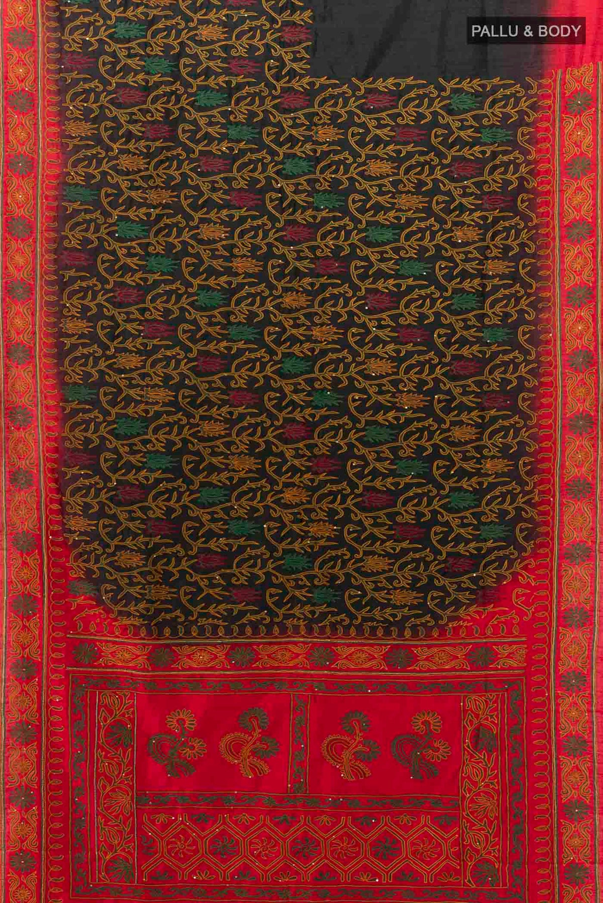 Flat view of Black Blended Raw Silk Saree with Embroidery on the body and Embroidery Border
