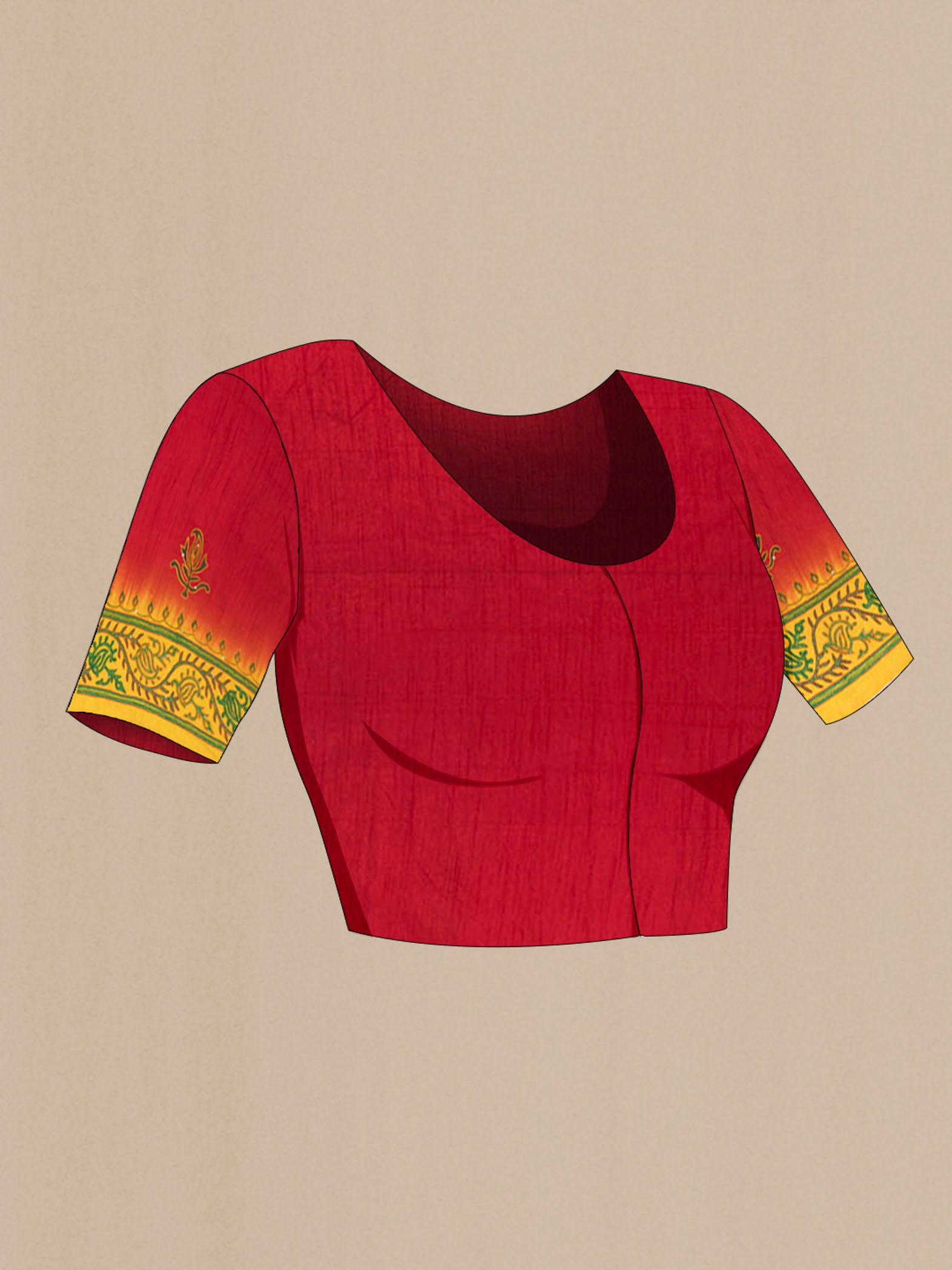Close up image of the blouse of Maroon Art Silk Saree with Embroidery on the body and Silk Border. 