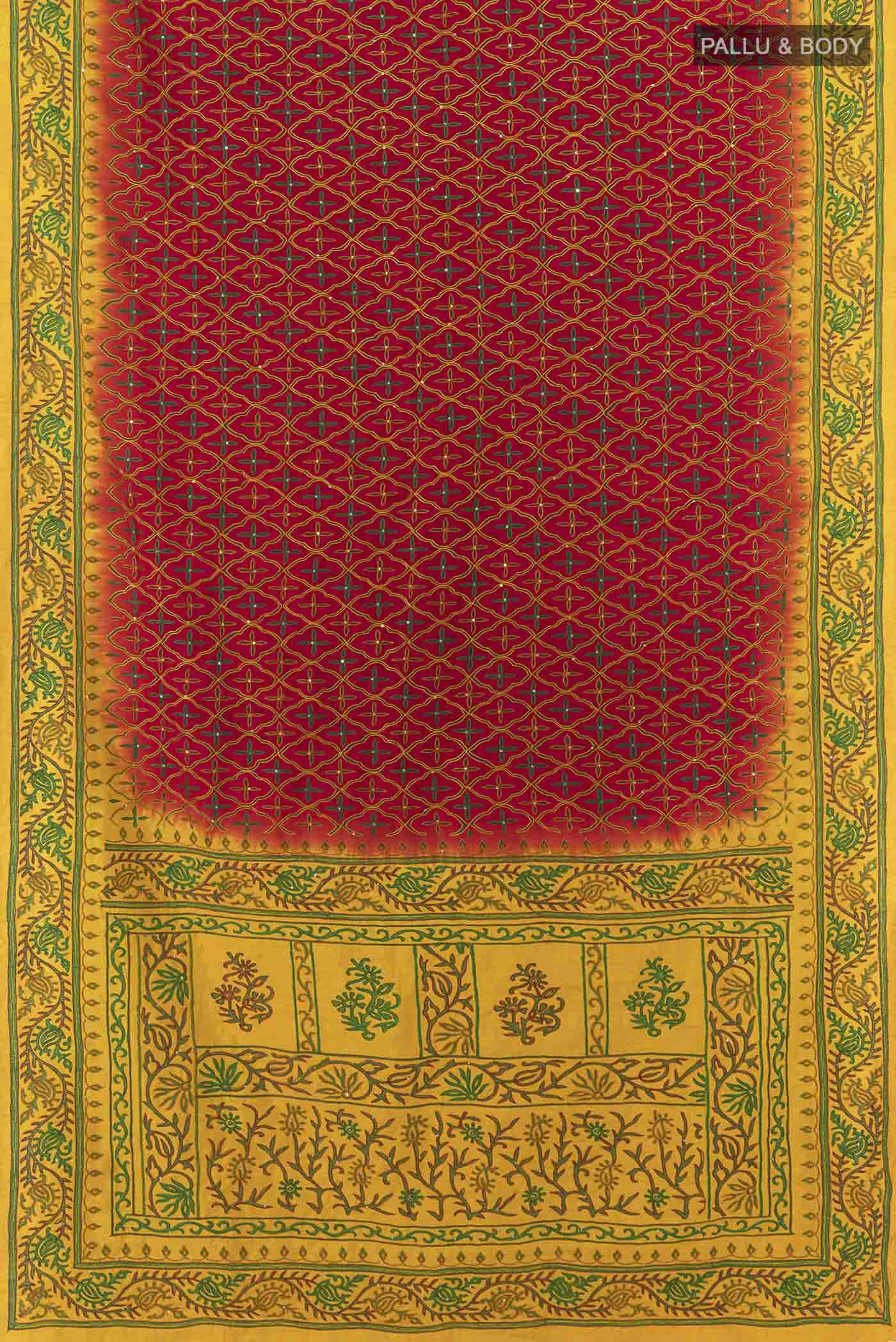 Flat view of Maroon Art Silk Saree with Embroidery on the body and Silk Border. 