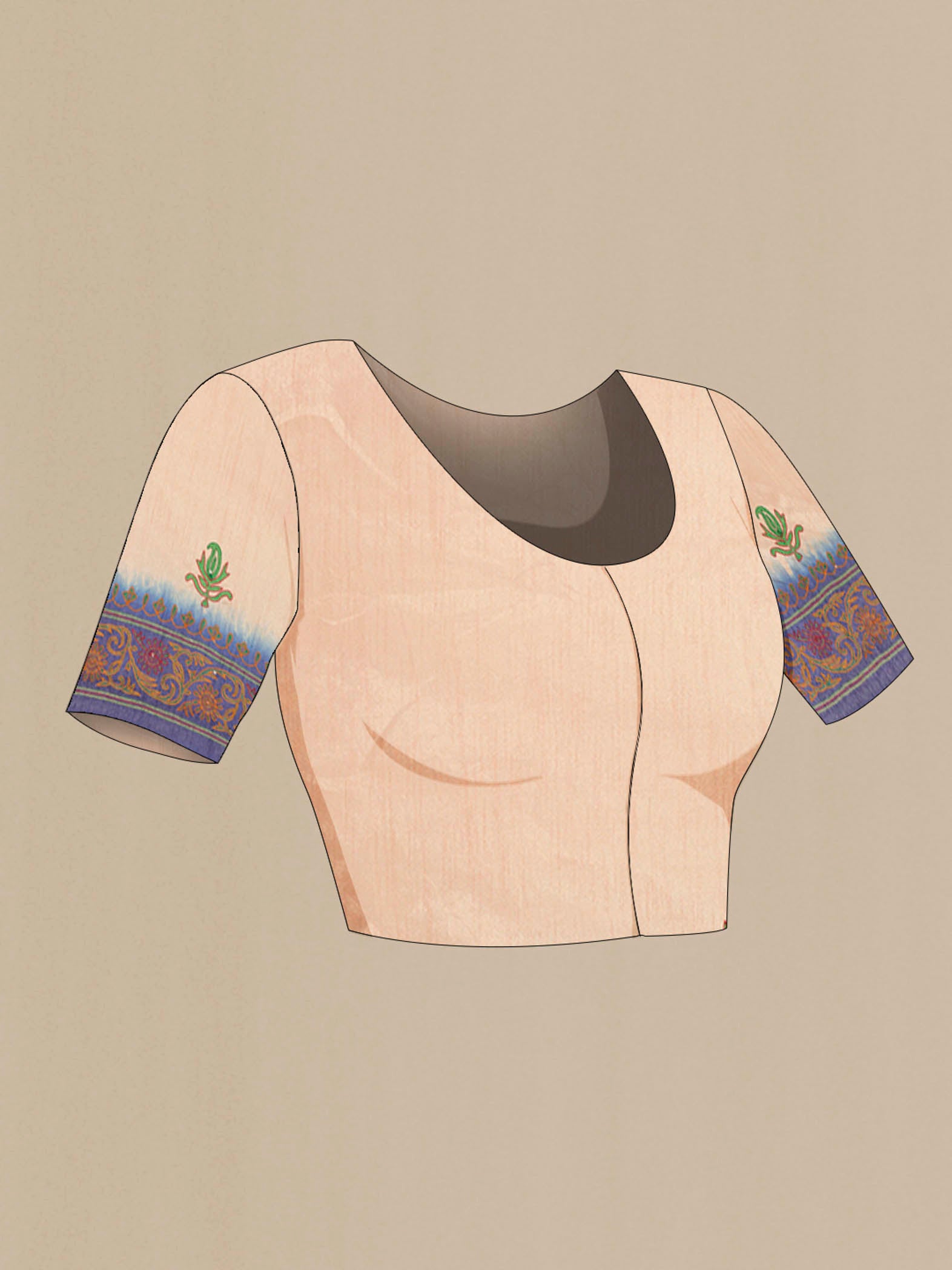 Close up image of the blouse of Cream Blended Raw Silk Saree with Embroidery on the body and Embroidery Border