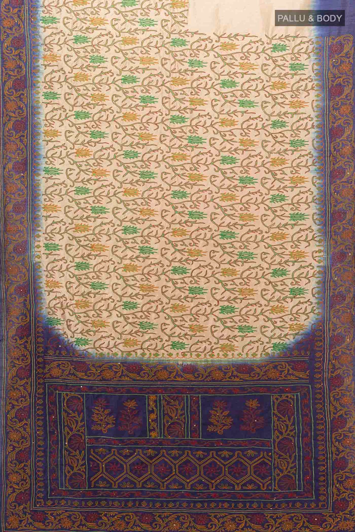 Flat view of Cream Blended Raw Silk Saree with Embroidery on the body and Embroidery Border