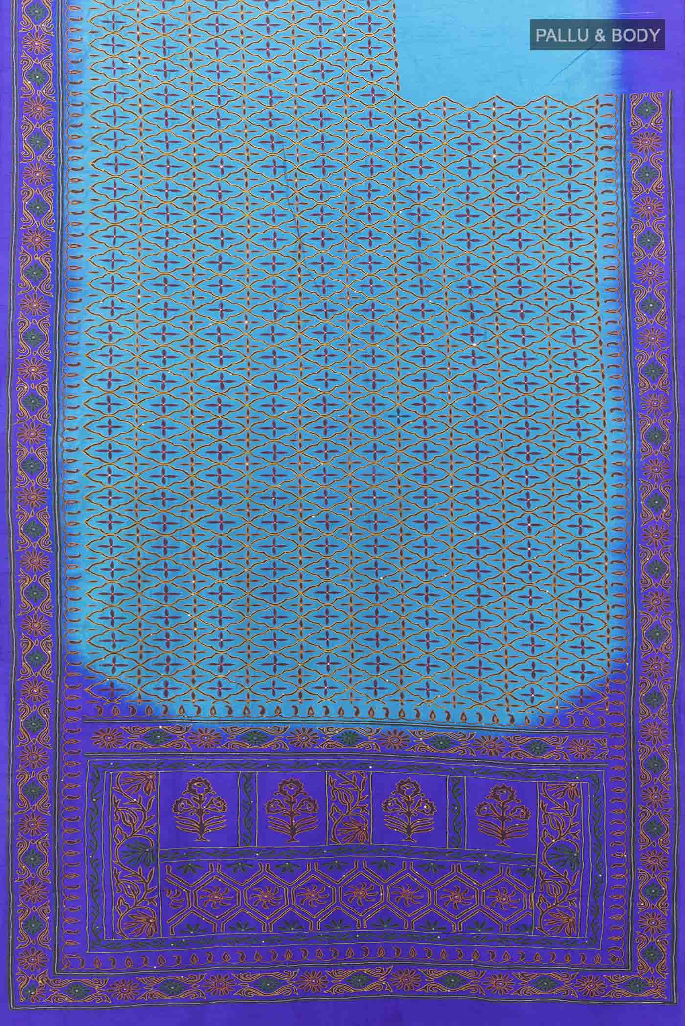 Flat view of Light Blue Art Silk Saree with Embroidery on the body and Embroidery Border. 