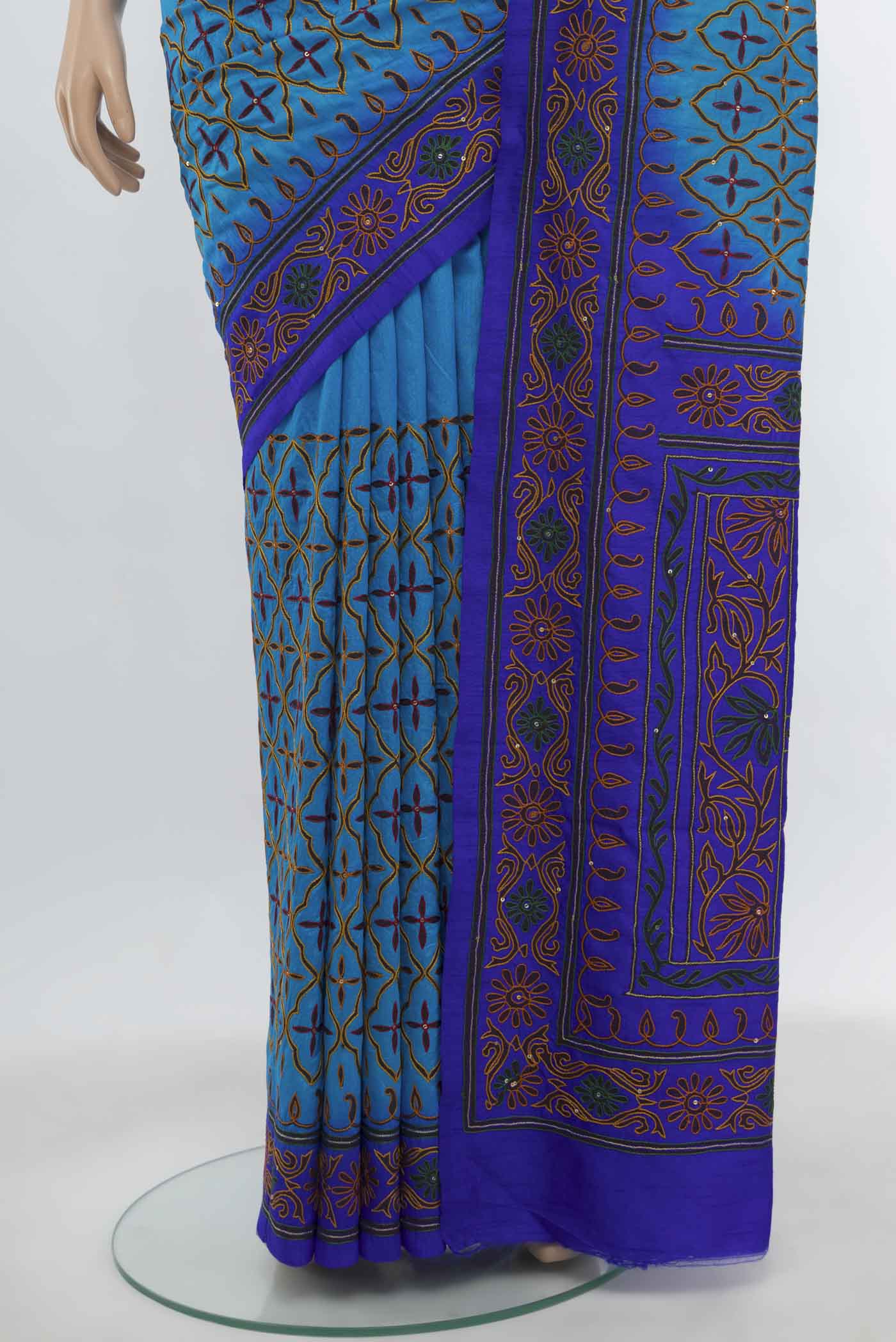 Pleats and pallu of Light Blue Art Silk Saree with Embroidery on the body and Embroidery Border. 