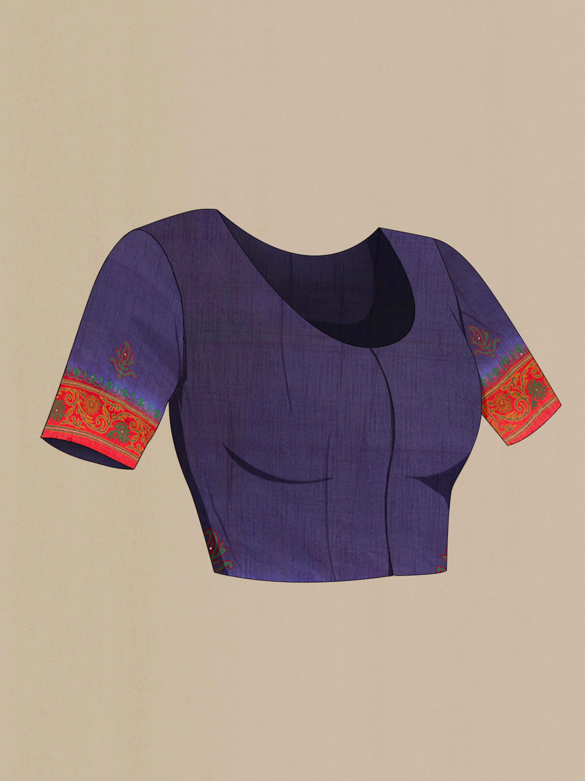 Close up image of the blouse of Navy Blue Blended Raw Silk Saree with Embroidery on the body and Embroidery Border