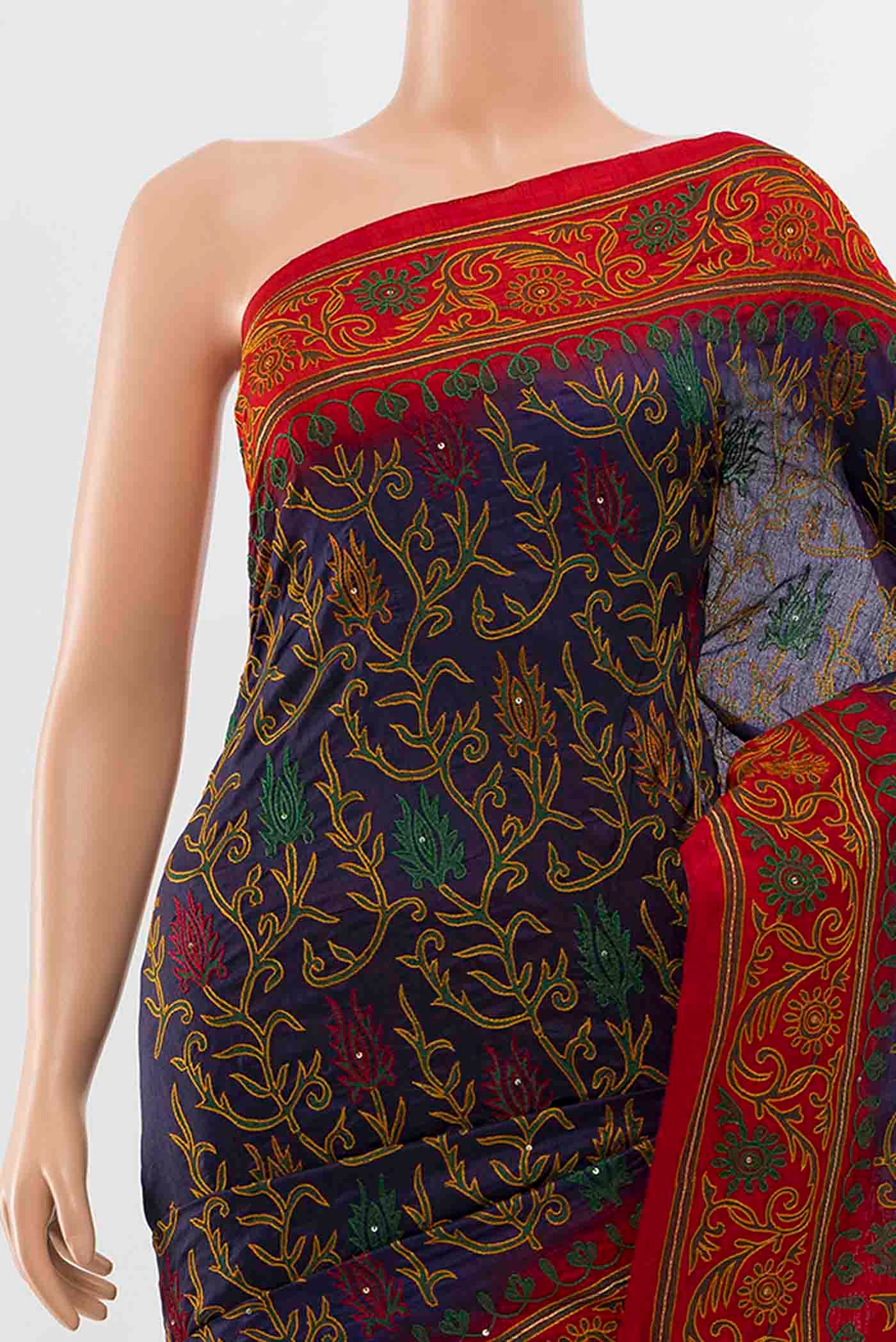 Border image of Navy Blue Blended Raw Silk Saree with Embroidery on the body and Embroidery Border