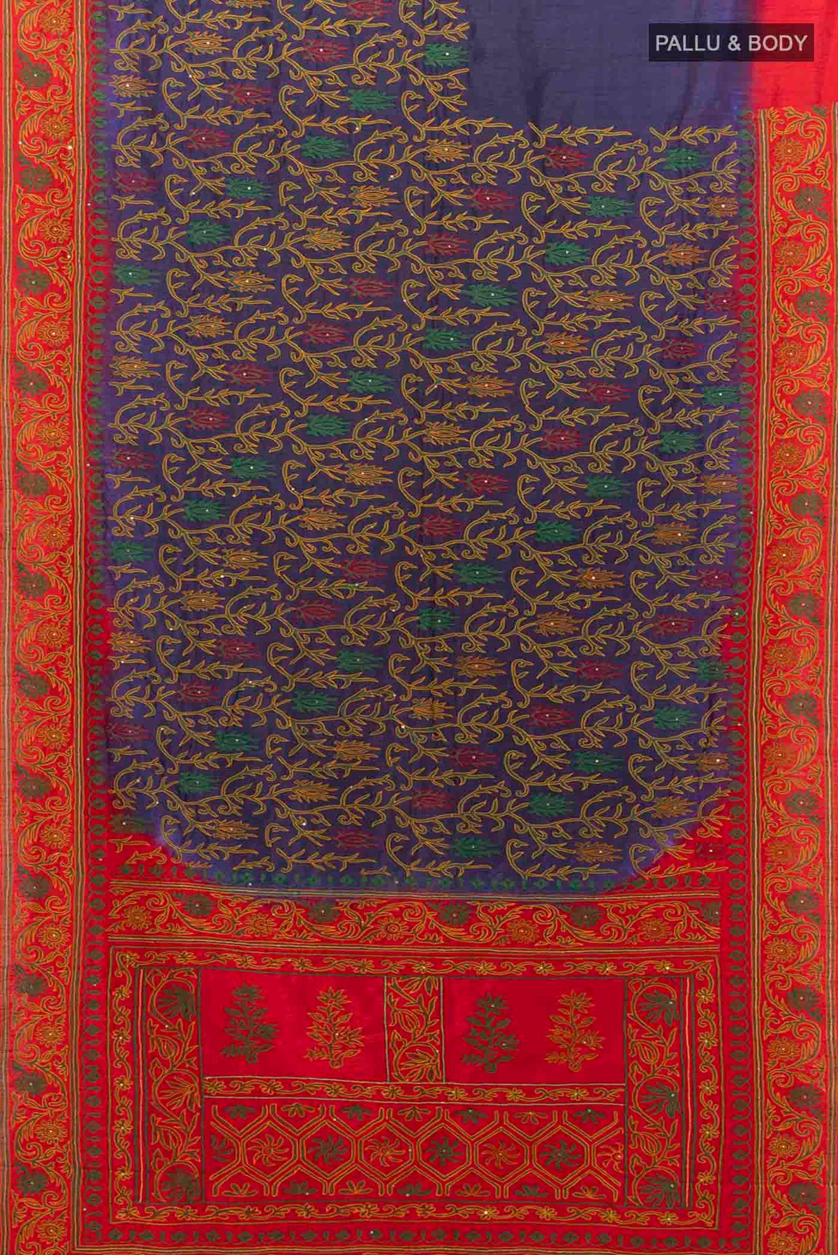 Flat view of Navy Blue Blended Raw Silk Saree with Embroidery on the body and Embroidery Border