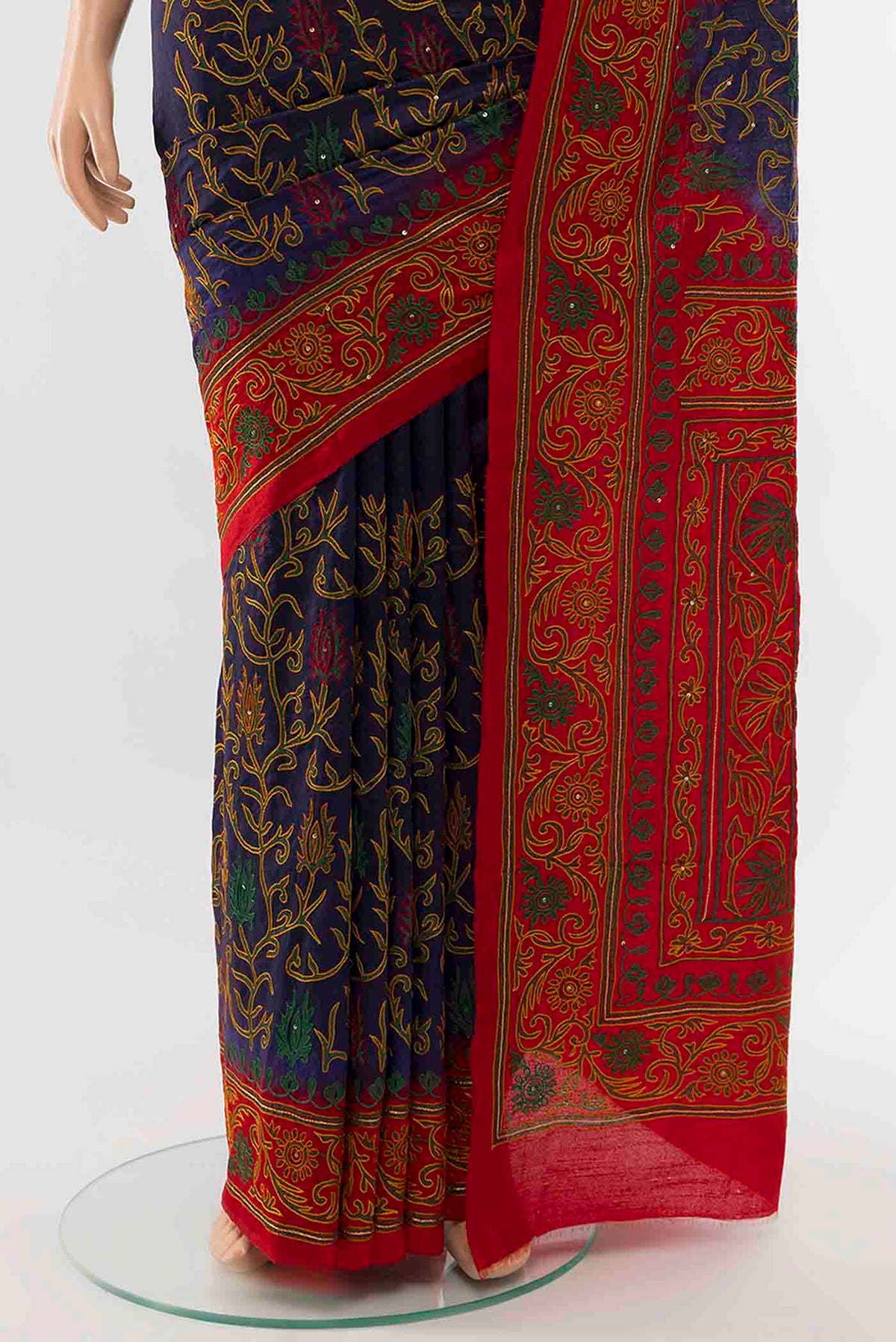 Pleats and pallu of Navy Blue Blended Raw Silk Saree with Embroidery on the body and Embroidery Border