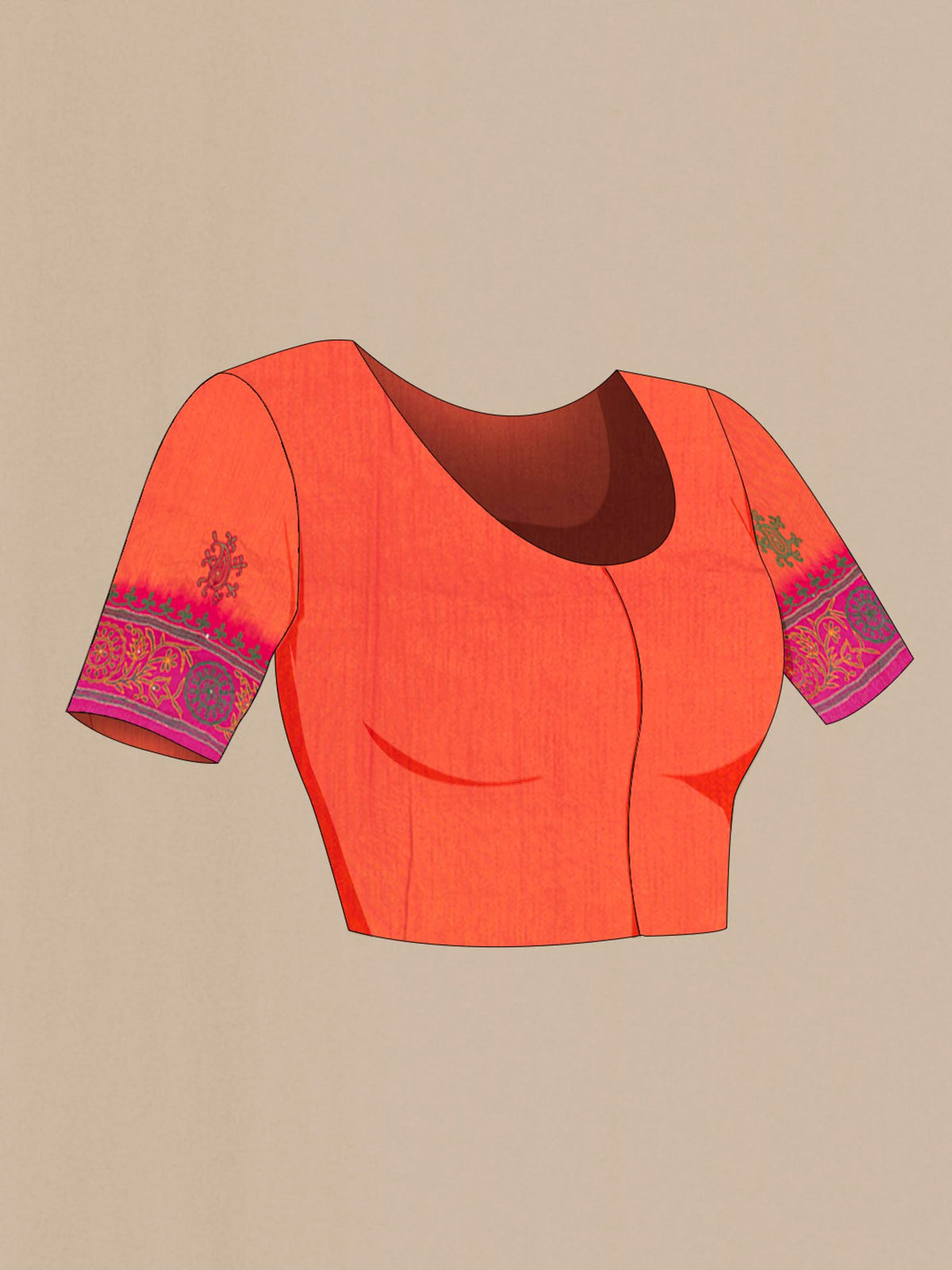 Close up image of the blouse of Orange Blended Raw Silk Saree with Embroidery on the body and Embroidery Border