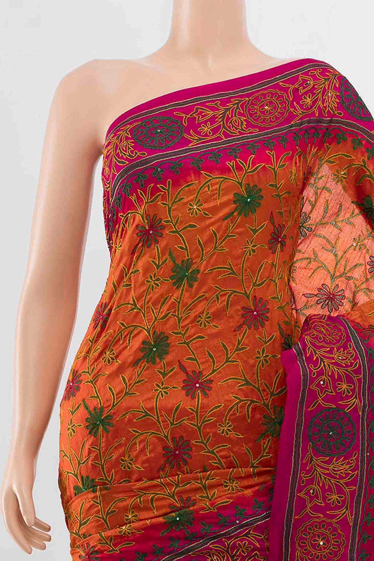 Border image of Orange Blended Raw Silk Saree with Embroidery on the body and Embroidery Border