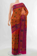 Orange Blended Raw Silk Saree with Embroidery on the body and Embroidery Border displayed on a mannequin