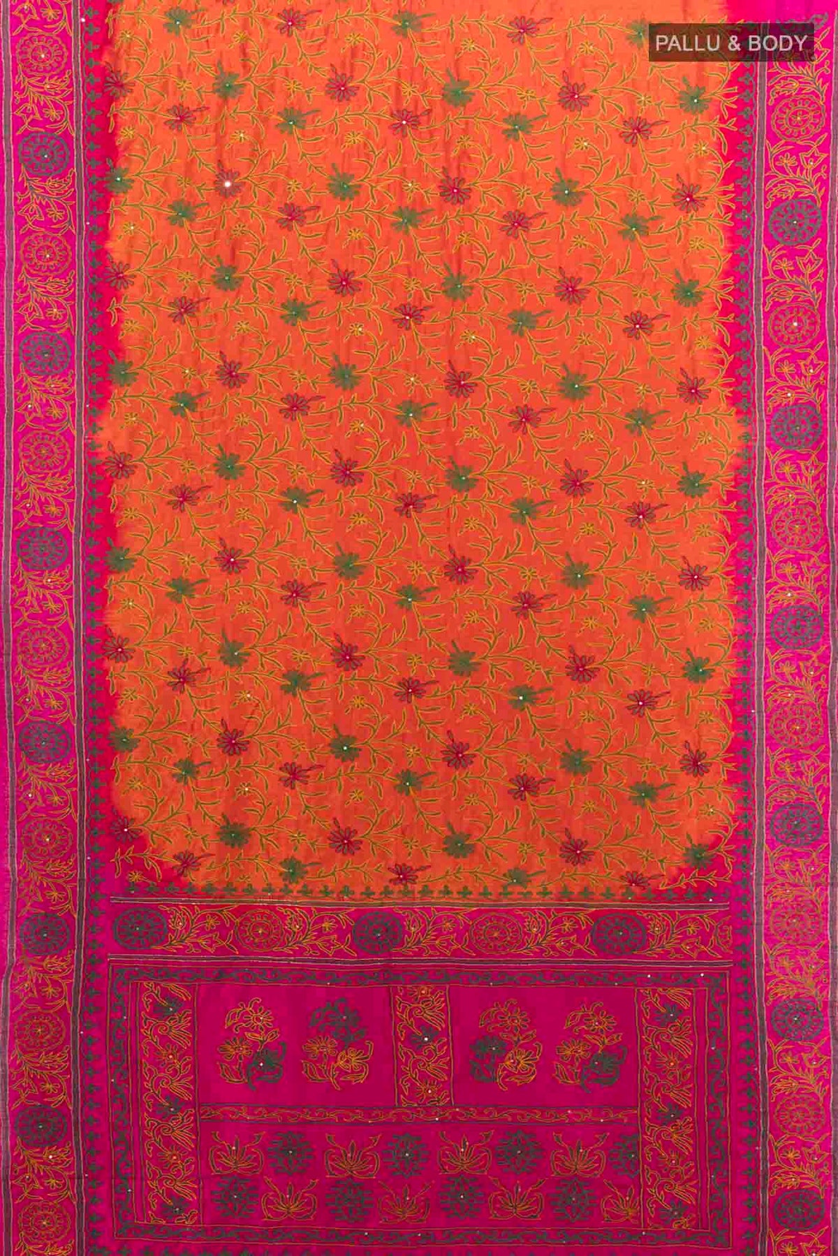 Flat view of Orange Blended Raw Silk Saree with Embroidery on the body and Embroidery Border