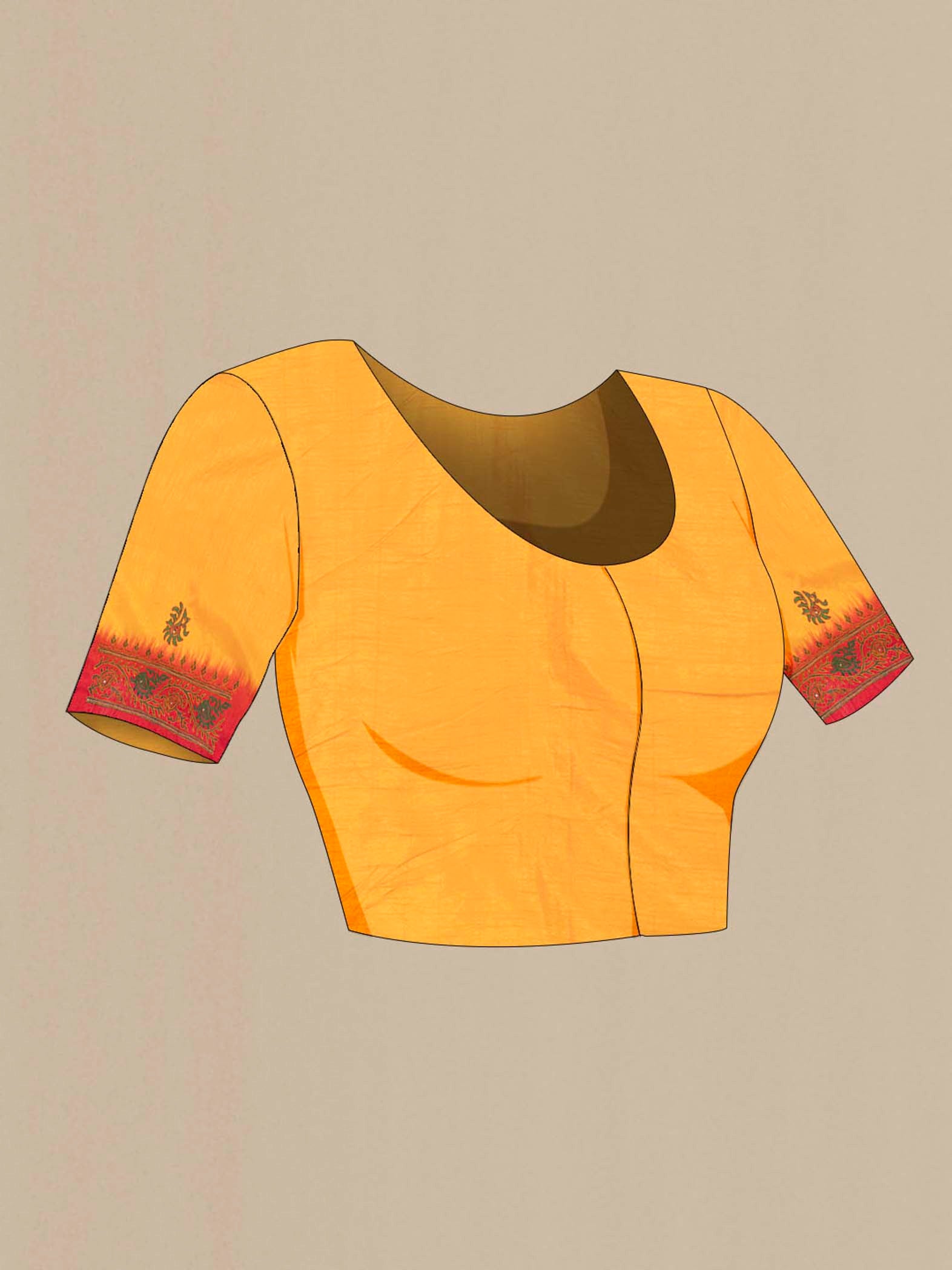 Close up image of the blouse of Yellow Blended Raw Silk Saree with Embroidery on the body and Embroidery Border