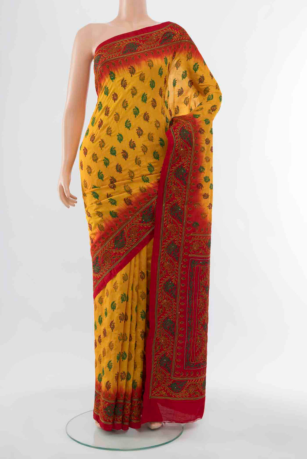 Yellow Blended Raw Silk Saree with Embroidery on the body and Embroidery Border displayed on a mannequin