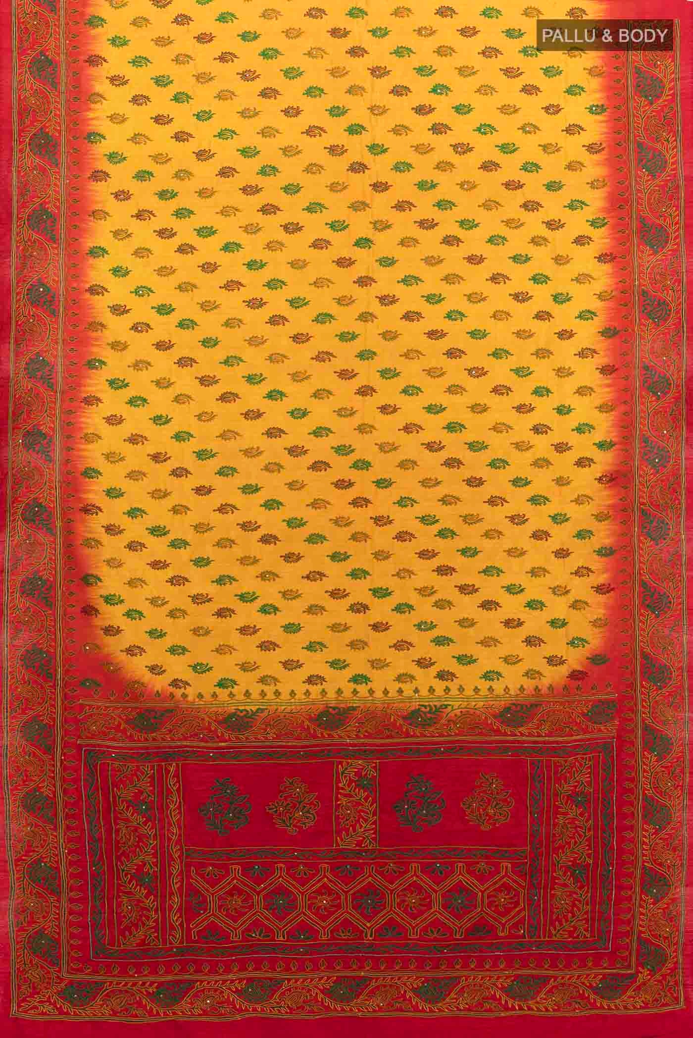 Flat view of Yellow Blended Raw Silk Saree with Embroidery on the body and Embroidery Border