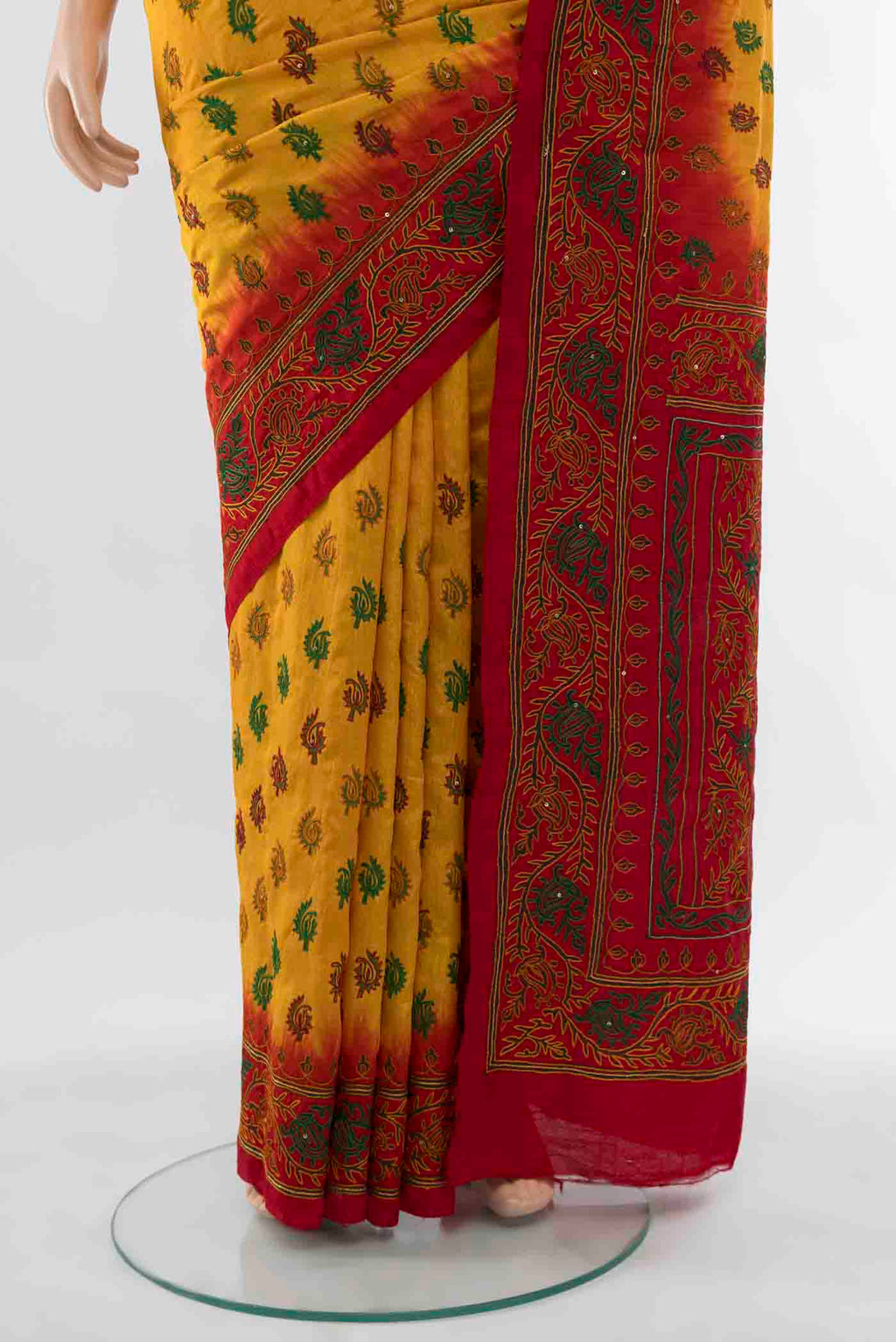Pleats and pallu of Yellow Blended Raw Silk Saree with Embroidery on the body and Embroidery Border