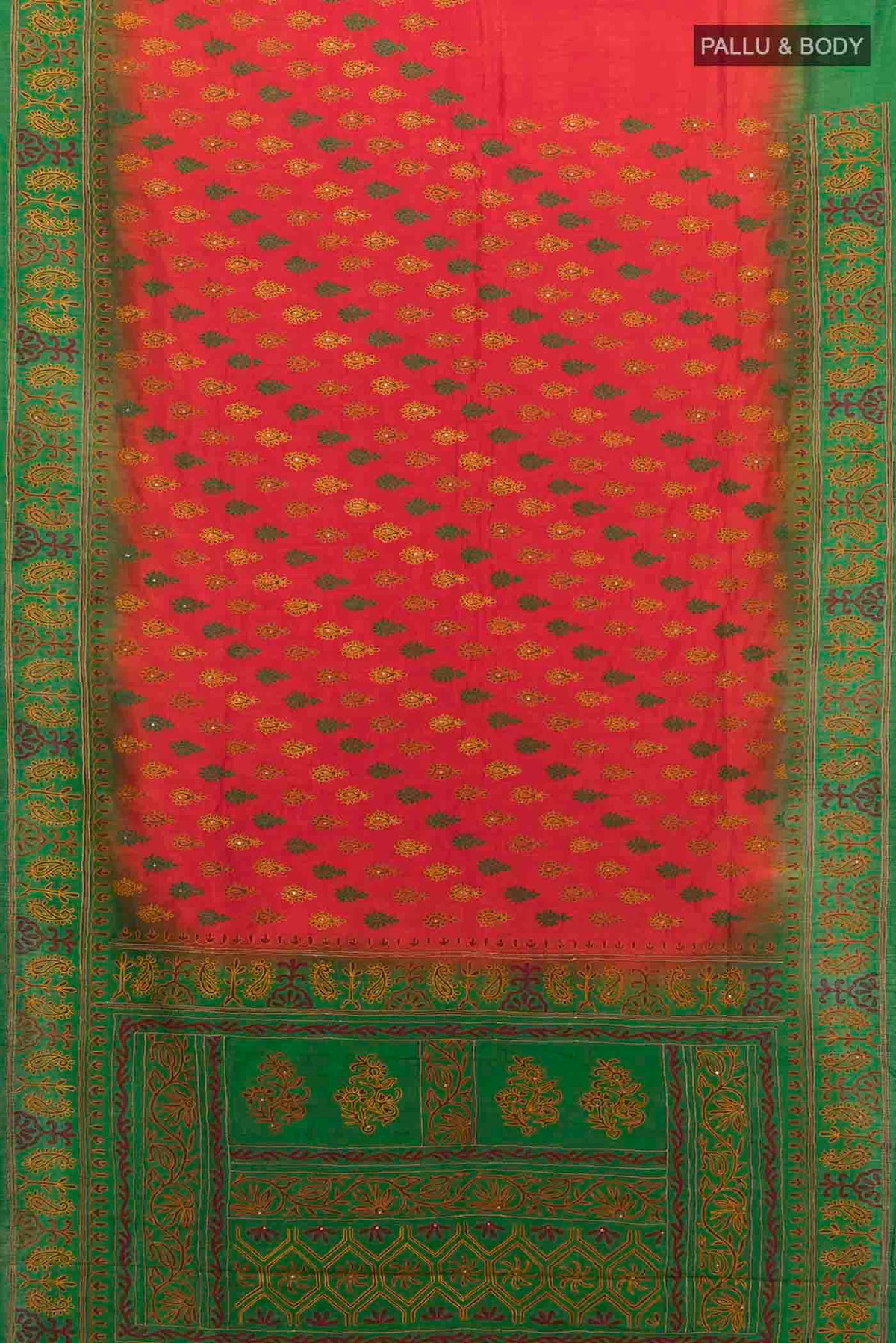 Flat view of Red Blended Raw Silk Saree with Embroidery on the body and Embroidery Border