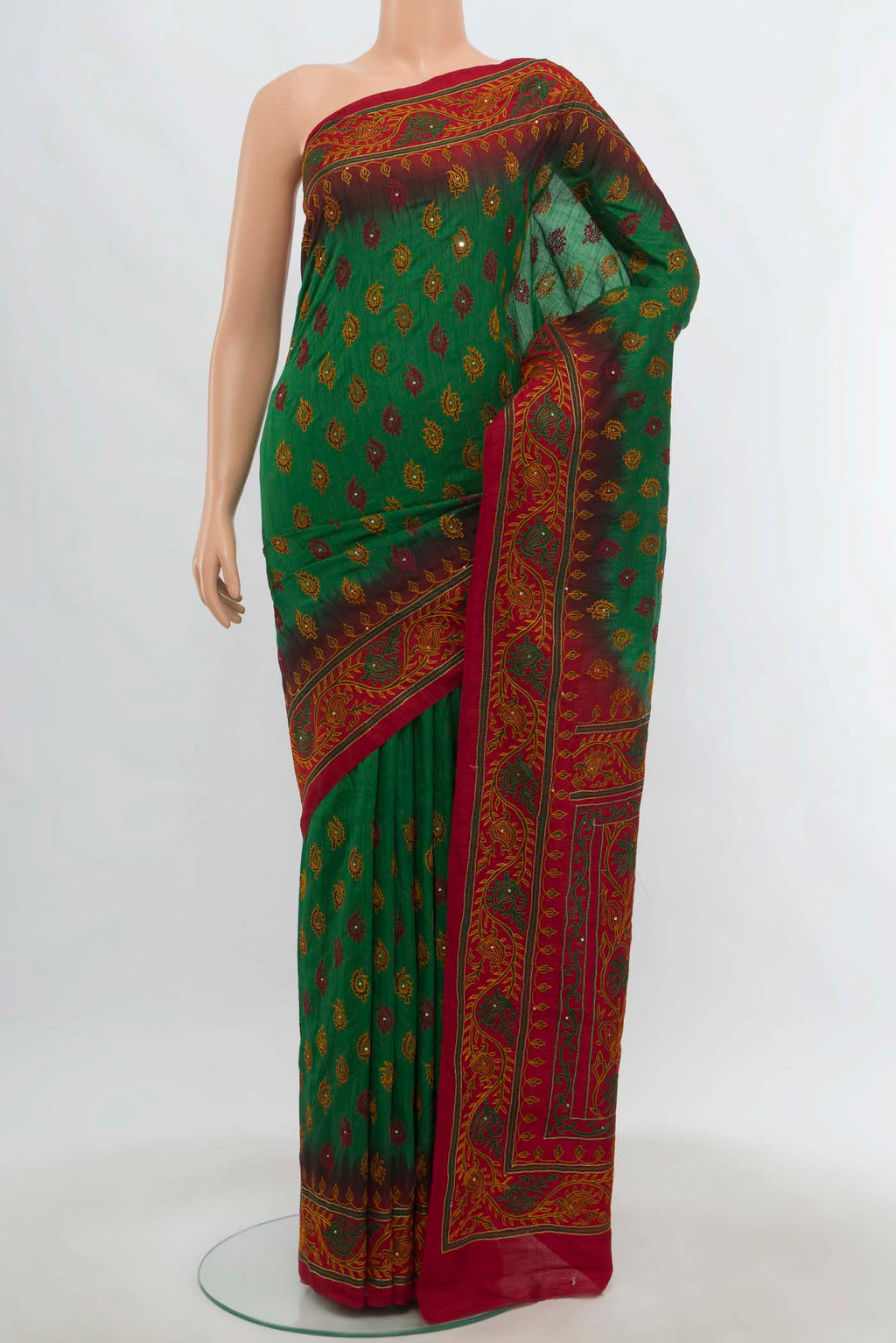Bottle Green Art Silk Saree with Embroidery on the body and Embroidery Border.  displayed on a mannequin