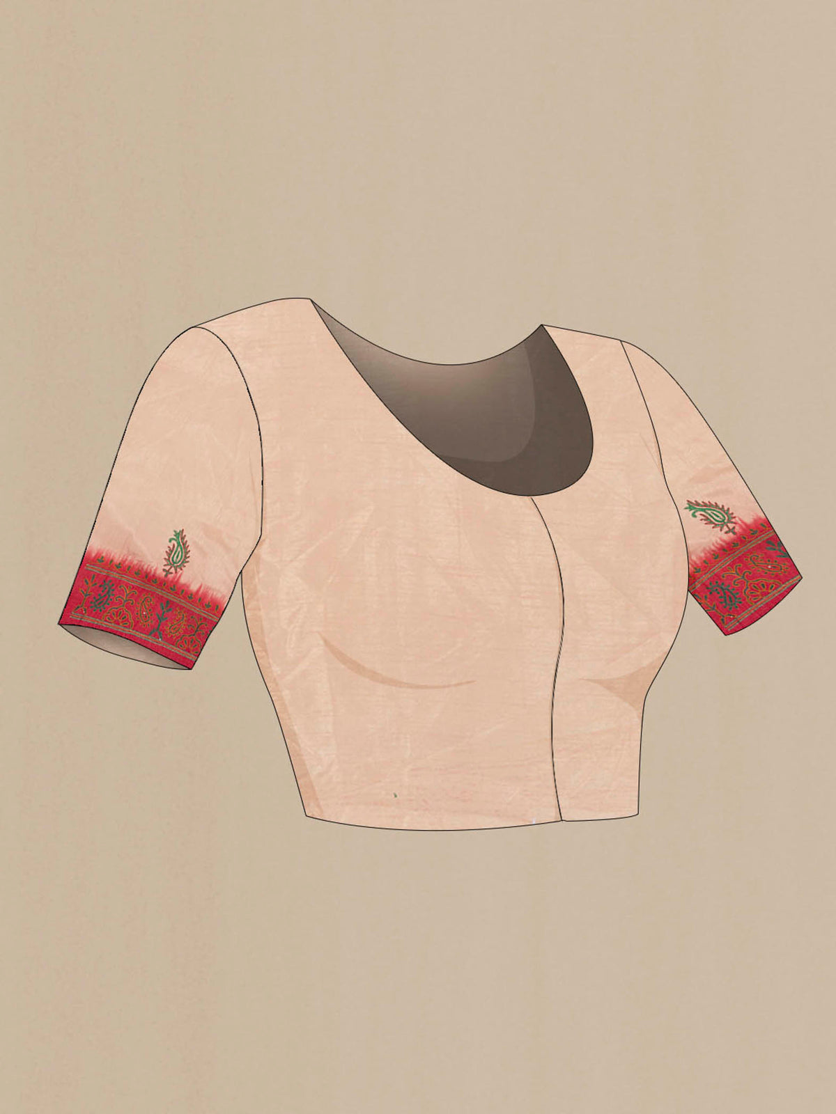 Close up image of the blouse of Beige Blended Raw Silk Saree with Embroidery on the body and Embroidery Border
