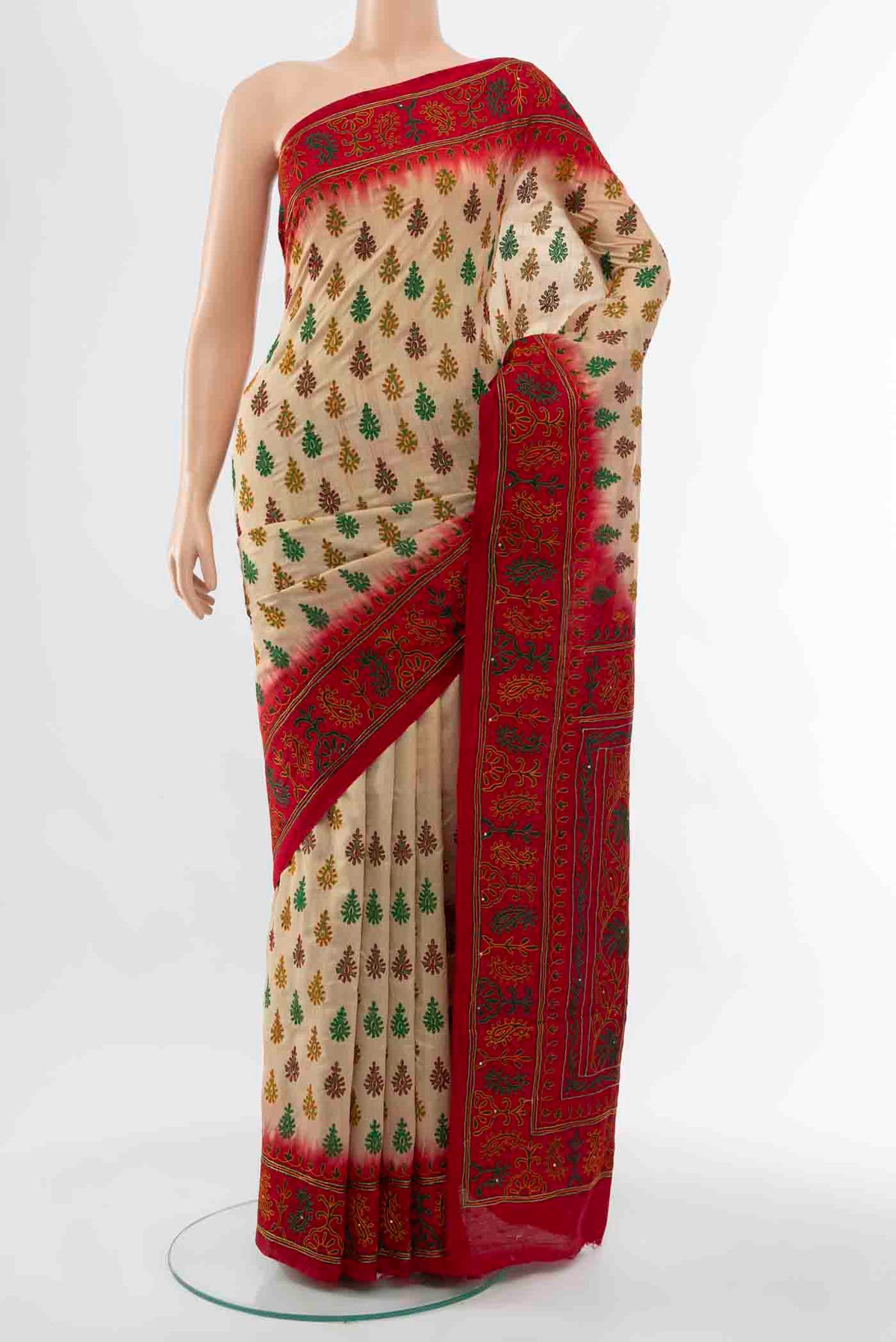 Beige Blended Raw Silk Saree with Embroidery on the body and Embroidery Border displayed on a mannequin