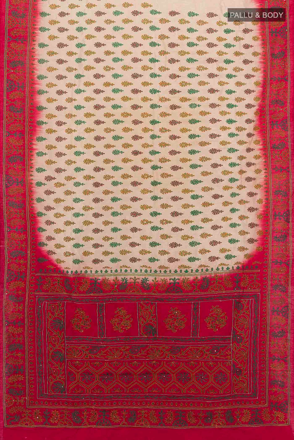 Flat view of Beige Blended Raw Silk Saree with Embroidery on the body and Embroidery Border