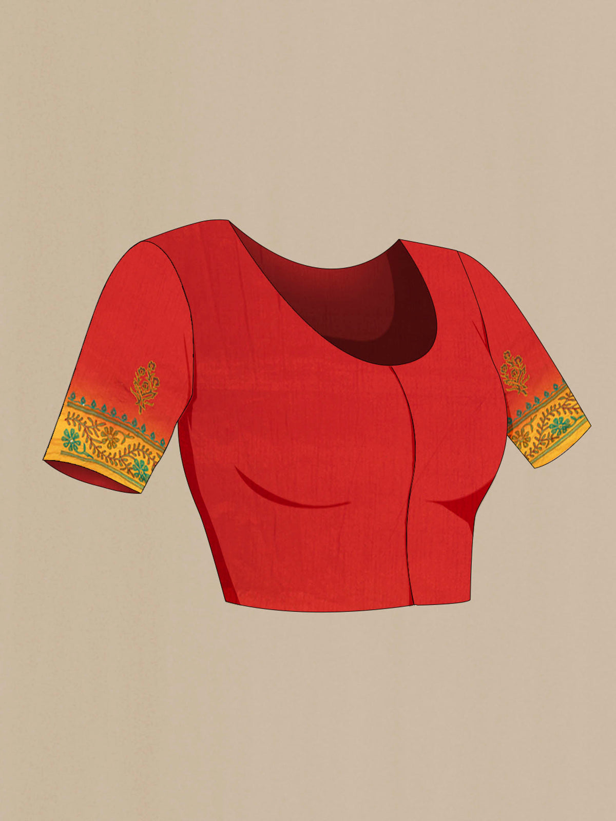 Close up image of the blouse of Red Blended Raw Silk Saree with Embroidery on the body and Embroidery Border