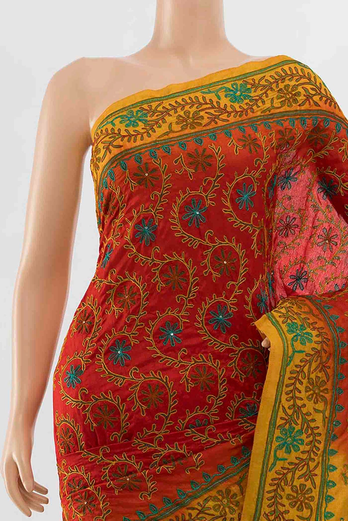 Border image of Red Blended Raw Silk Saree with Embroidery on the body and Embroidery Border