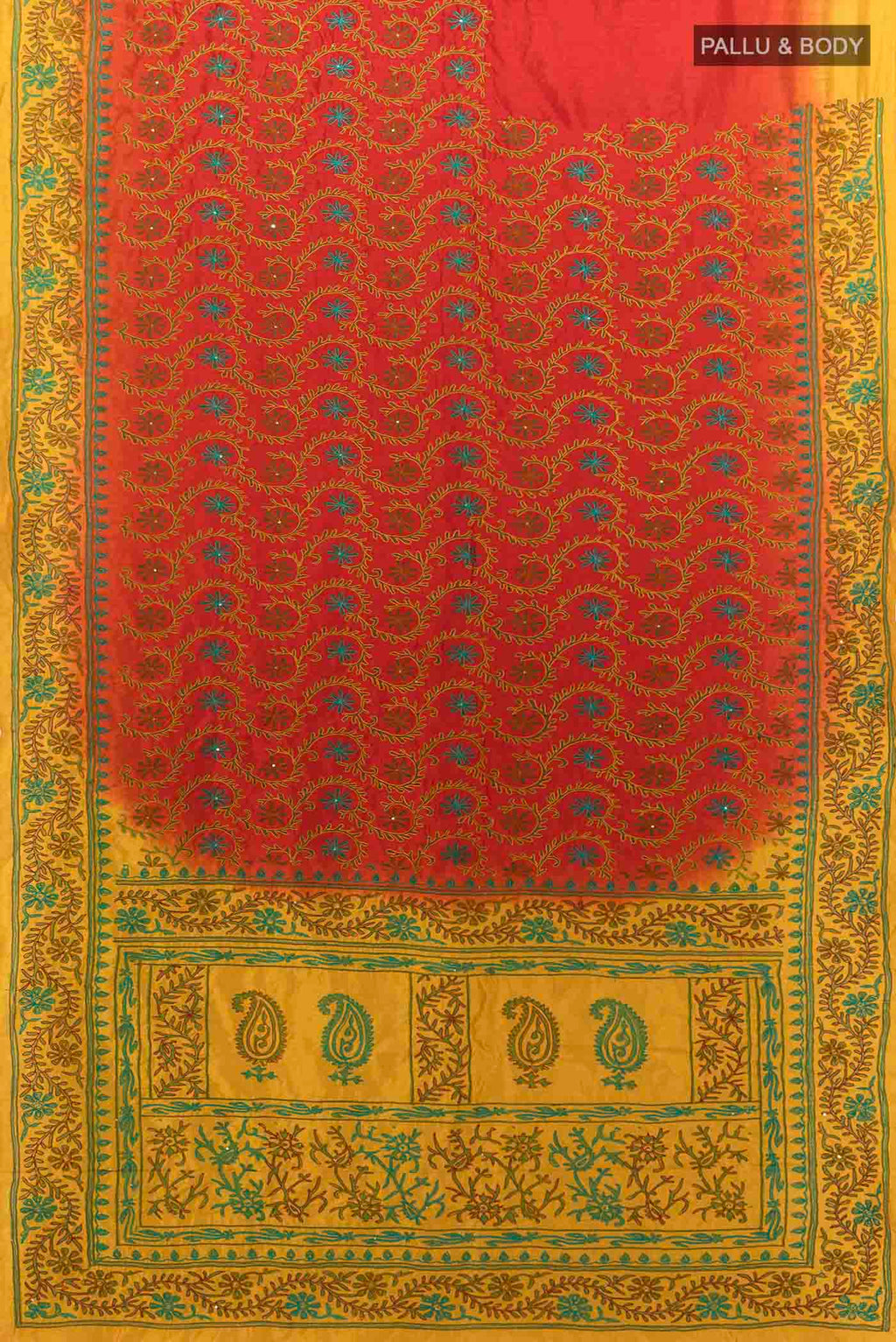 Flat view of Red Blended Raw Silk Saree with Embroidery on the body and Embroidery Border
