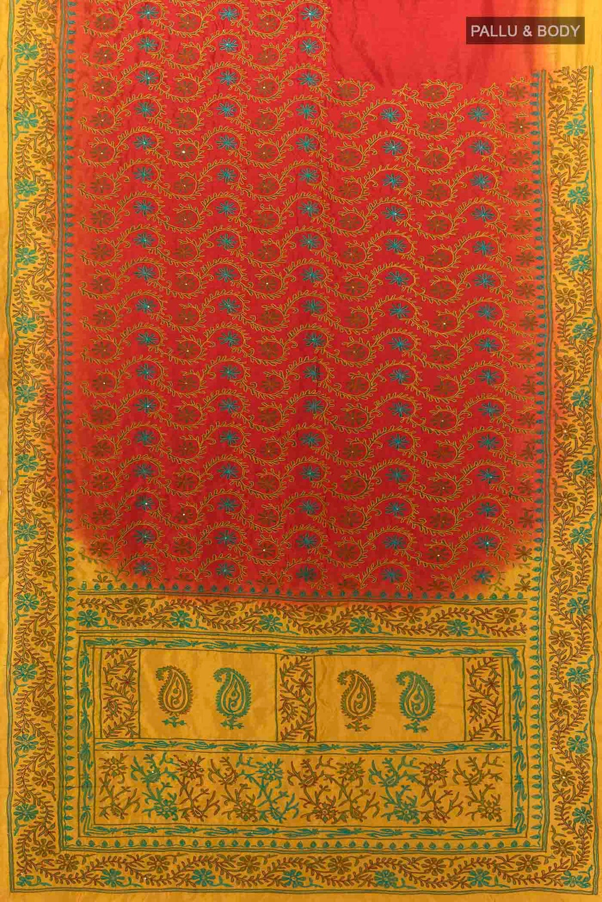 Flat view of Red Blended Raw Silk Saree with Embroidery on the body and Embroidery Border