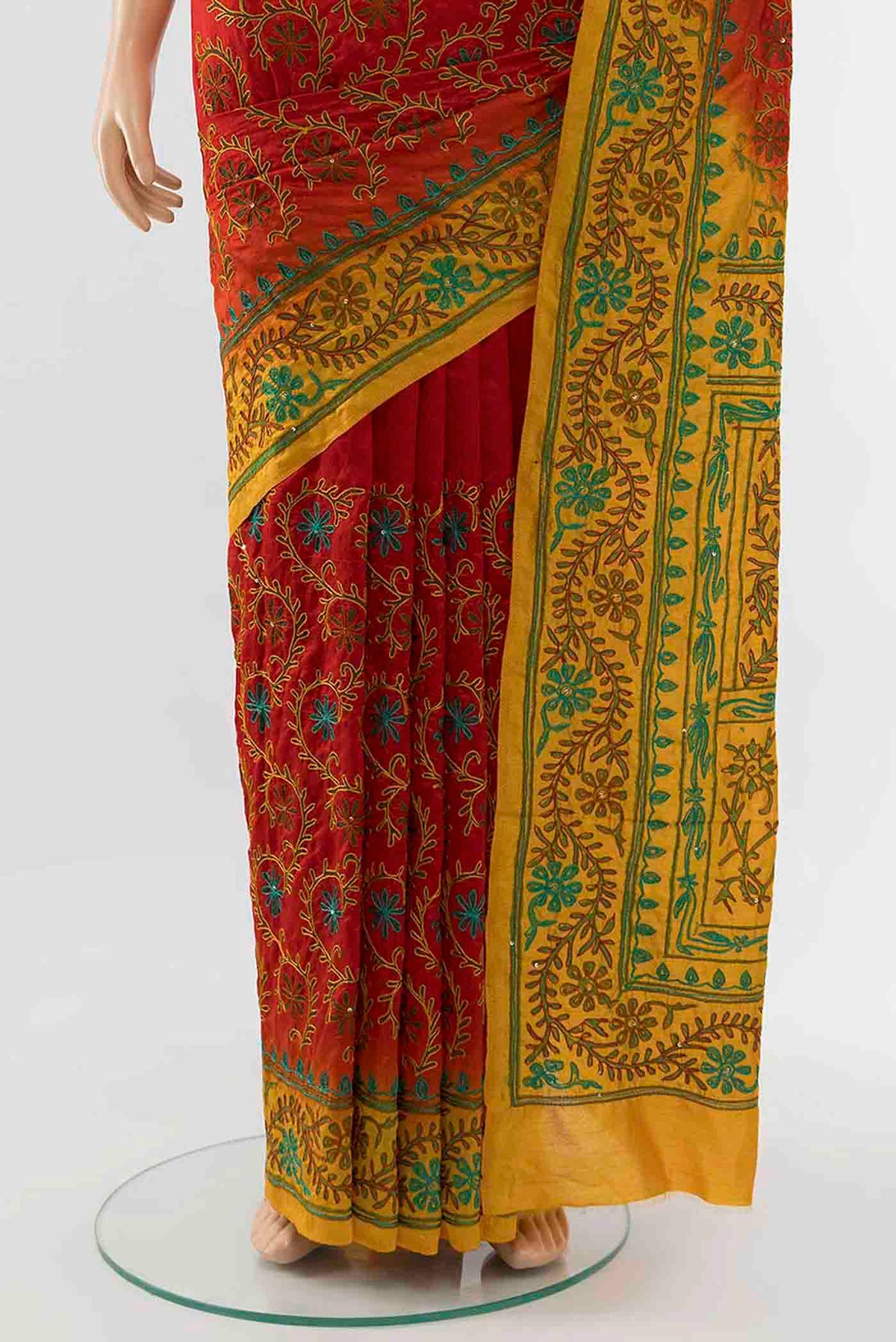 Pleats and pallu of Red Blended Raw Silk Saree with Embroidery on the body and Embroidery Border