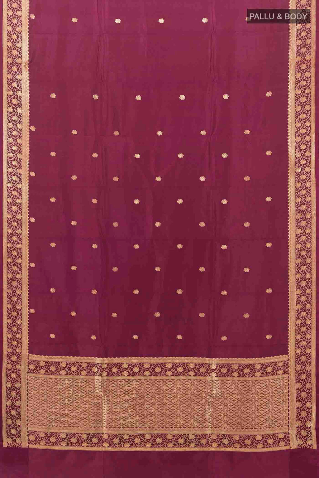 Flat view of Maroon Banarasi Katan Silk Saree with Zari Butta on the body and Silk Border