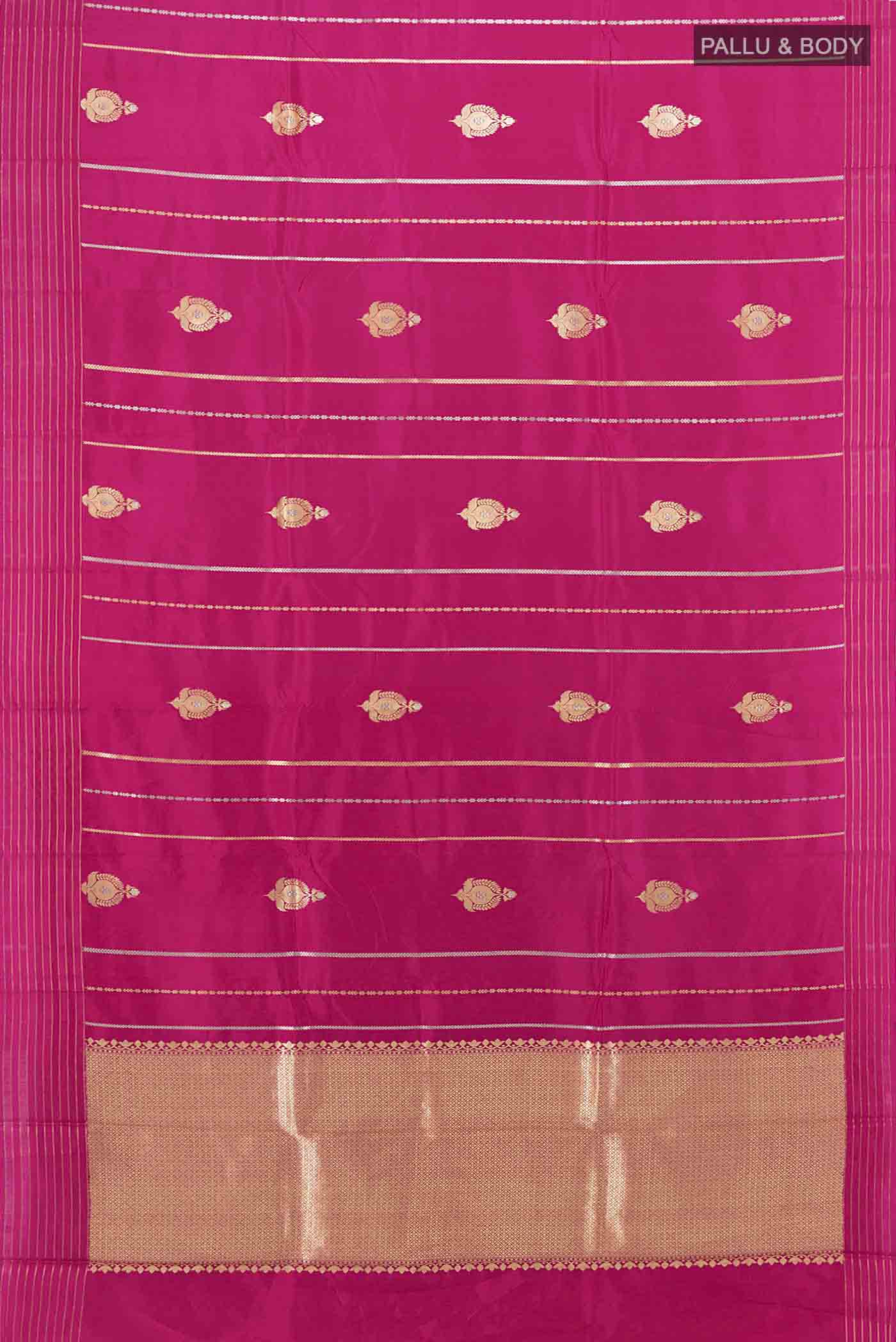 Flat view of Dark Pink Banarasi Katan Silk Saree with Zari Butta on the body and Silk Border. 