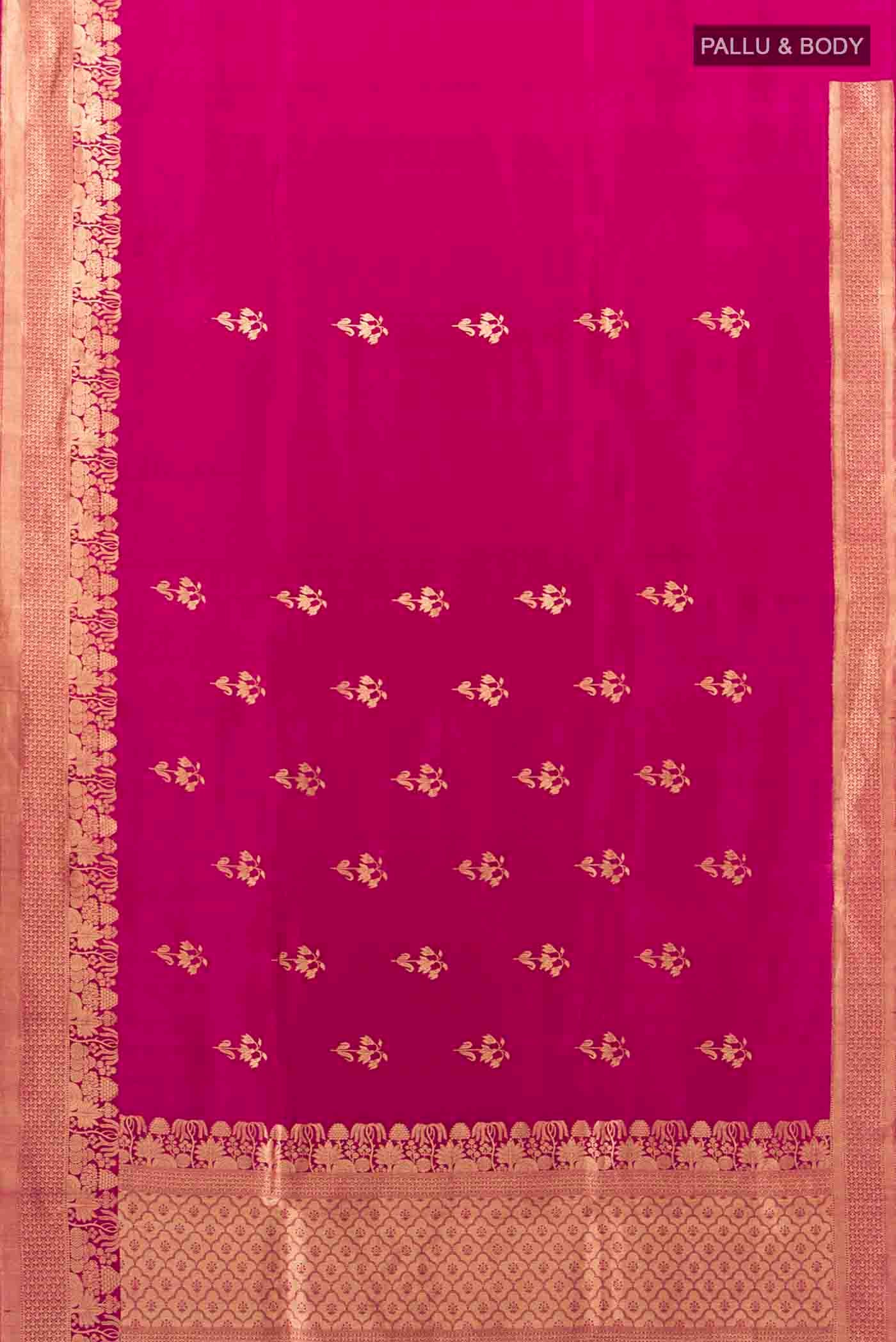 Flat view of Magenta Banarasi Katan Silk Saree with Zari Butta on the body and Zari Border