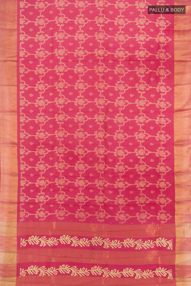 Flat view of Peach Tussar Silk Saree with Floral Print on the body and Silk Border. 