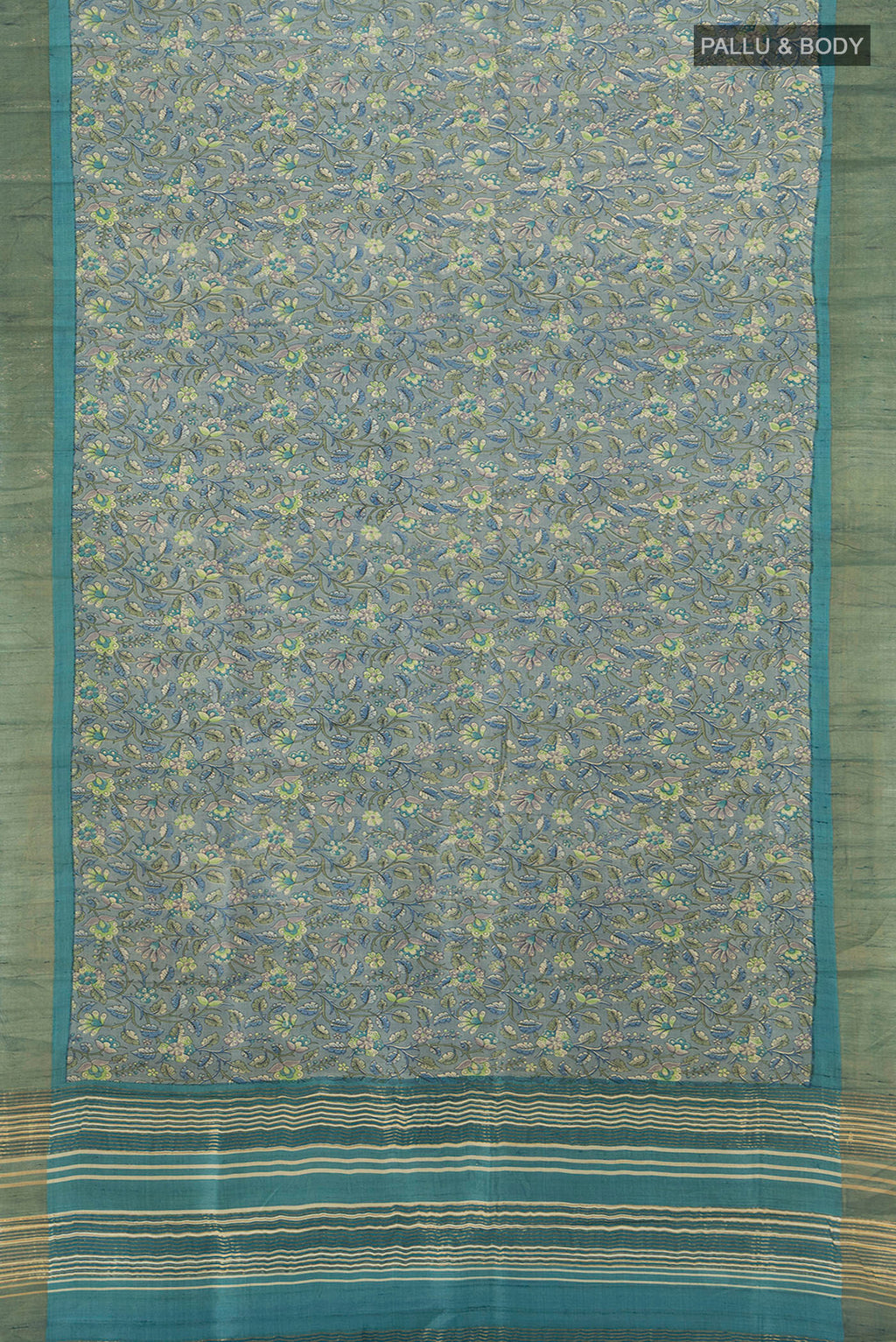 Flat view of Davys Grey Tussar Silk Saree with Floral Print on the body and Zari Border. 