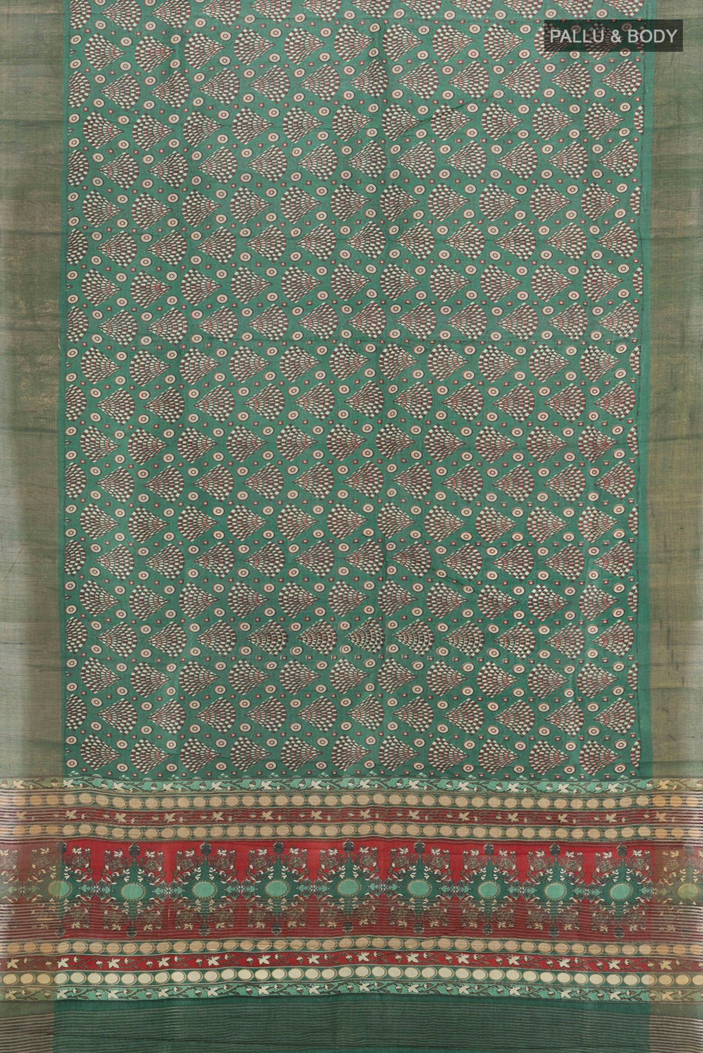 Flat view of Green Tussar Silk Saree with Floral Print on the body and Zari Border. 